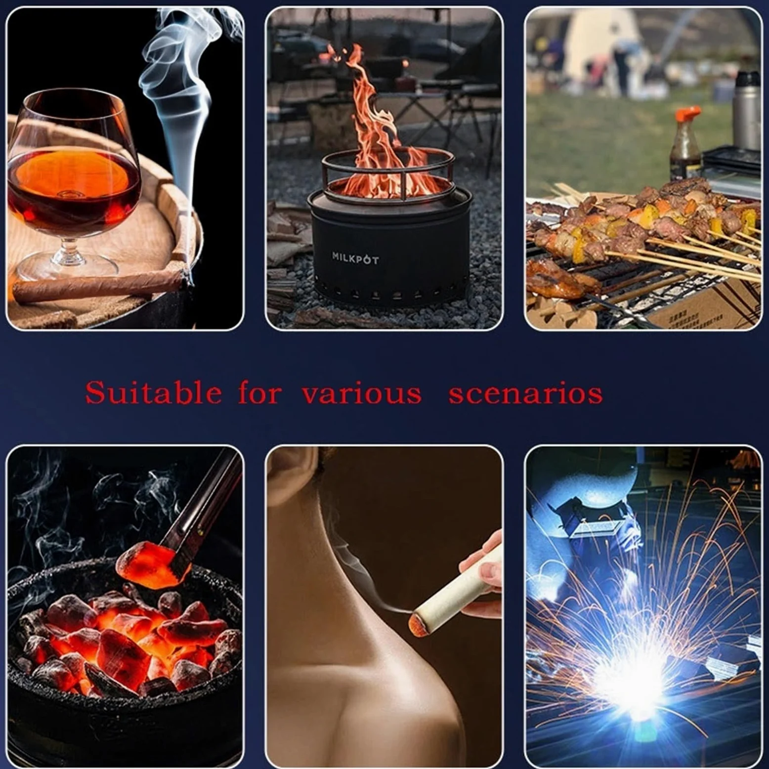 Briquet tempête au butane - Flamme réglable - Rechargeable - Avec interrupteur de verrouillage de flamme - Idéal pour barbecue, feu de camp en plein air, cadeaux