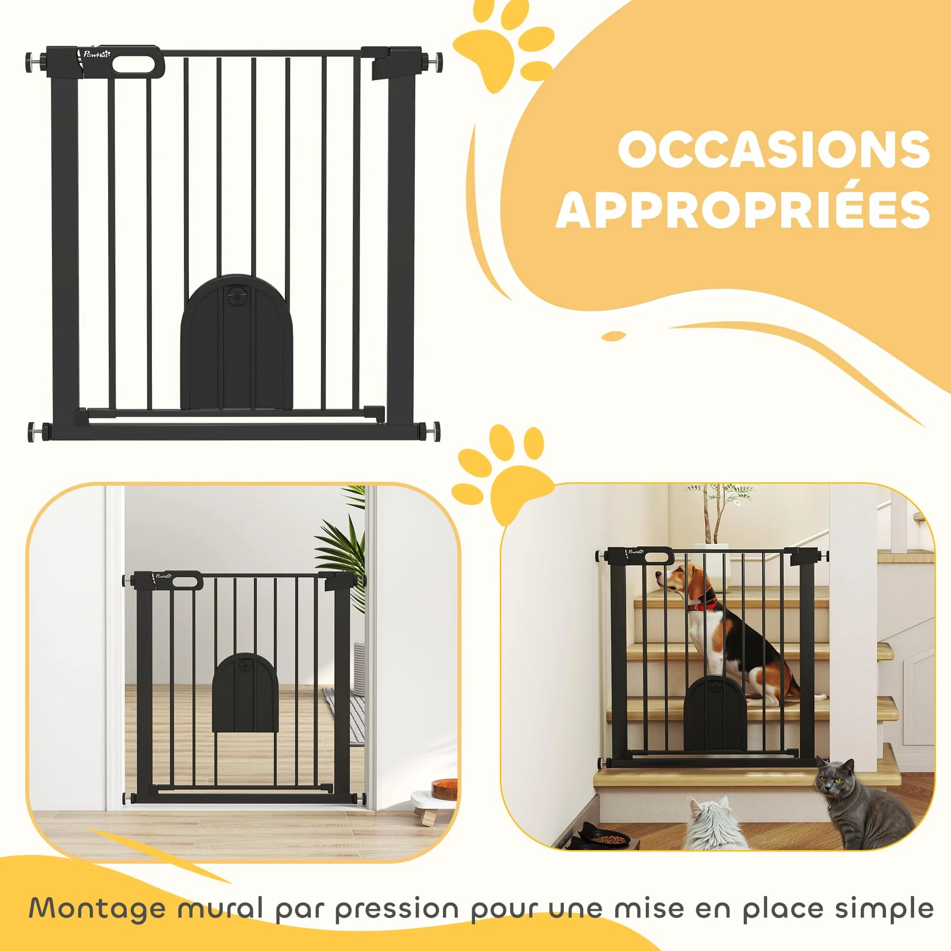 PawHut Barrière de sécurité Animaux 76H cm Chien Chat Porte Fermeture Automatique Double Verrouillage Fixation Pression 75-82 cm Acier ABS Noir
