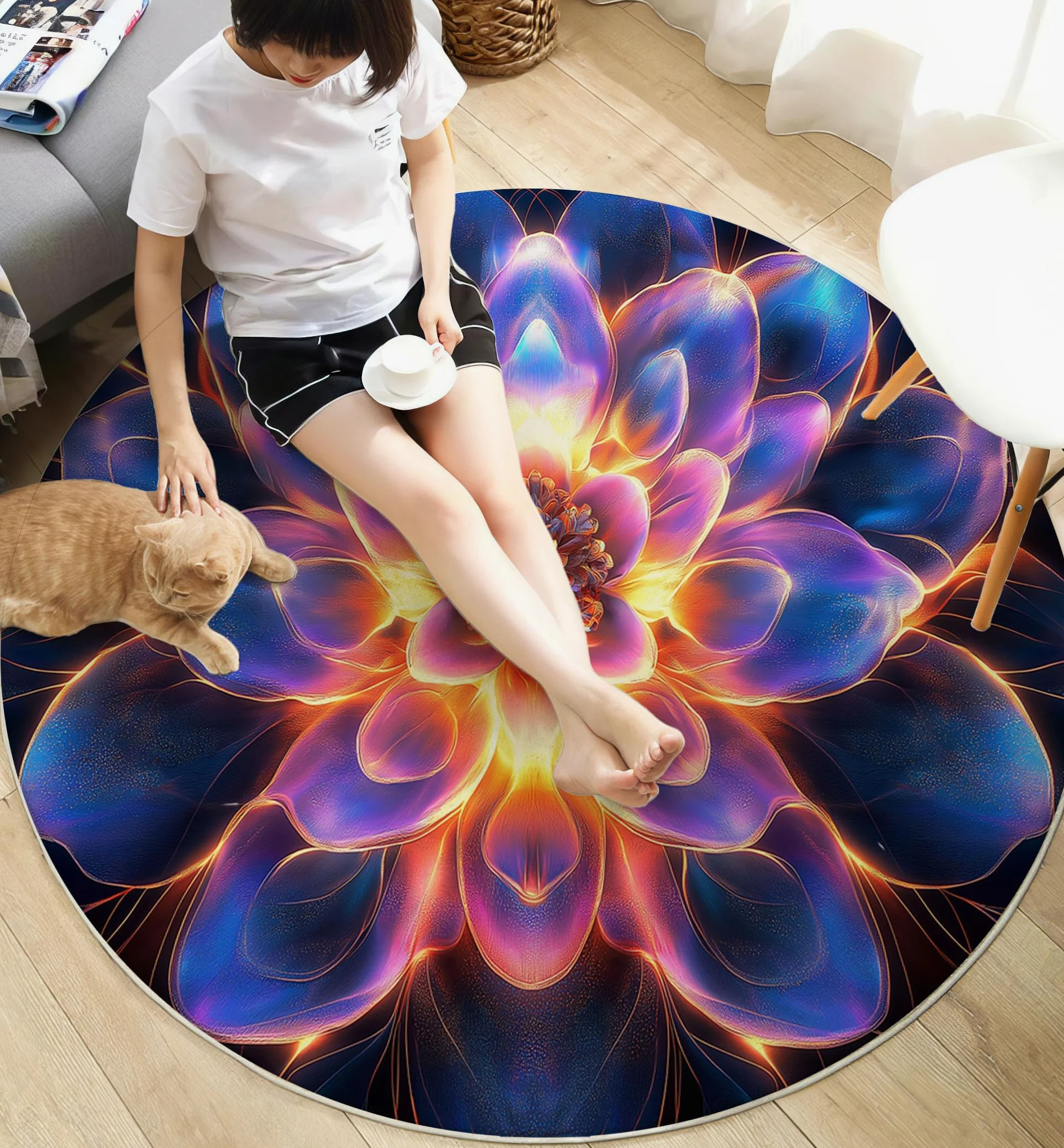 Tapis Rond 100cm, Microfibre Douce Tapis Circulaire Fantastique Art, Moquette Salon Chambre, Imprimés Brillant Mandala Antidérapant Lavable Moquette de Décoration, Bleu Violet