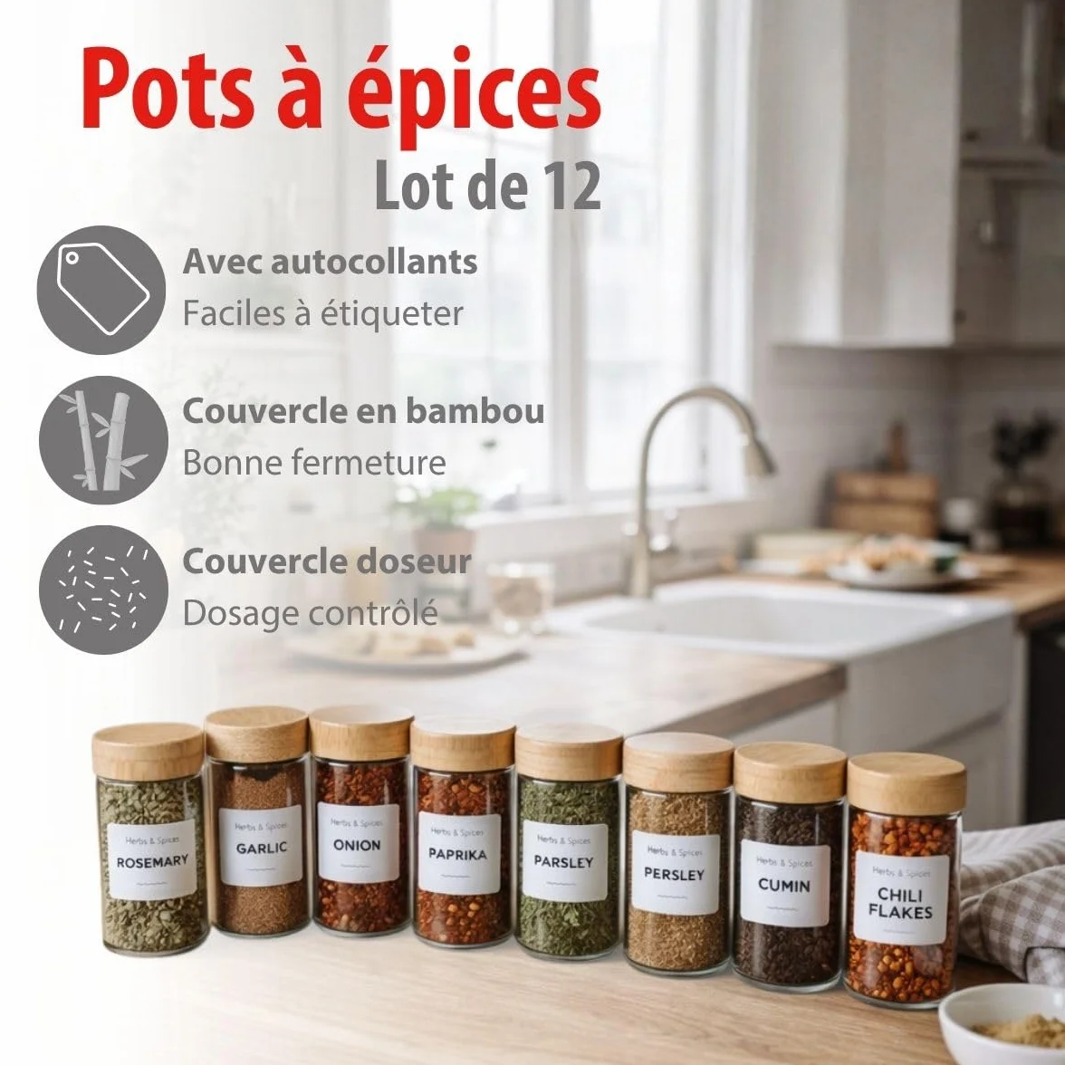 Alpina Pot Epices Verre Lot de 12 - Petit Pot en Verre avec Couvercle Bambou et Doseur pour Rangement Cuisine