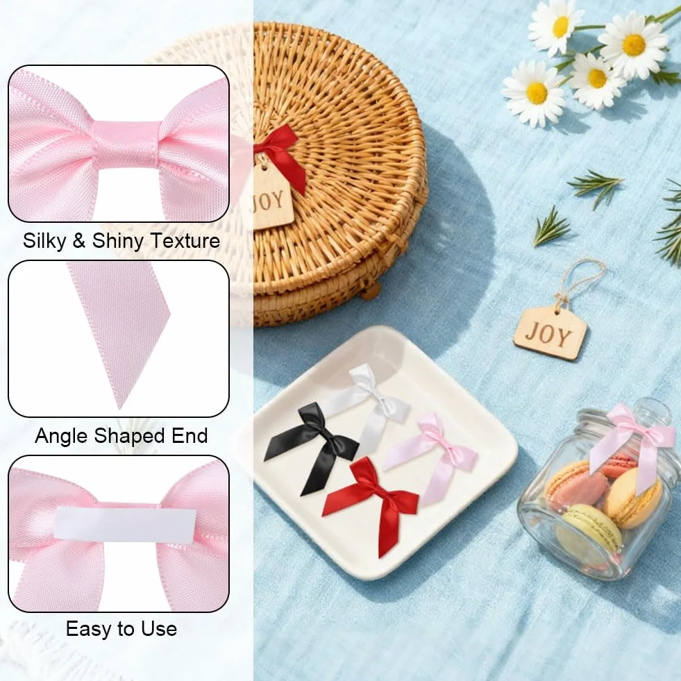 Lot de 50 nœuds en Satin 6 cm décoratifs Faits à la Main avec pastilles adhésives pour Noël, Emballage Cadeau