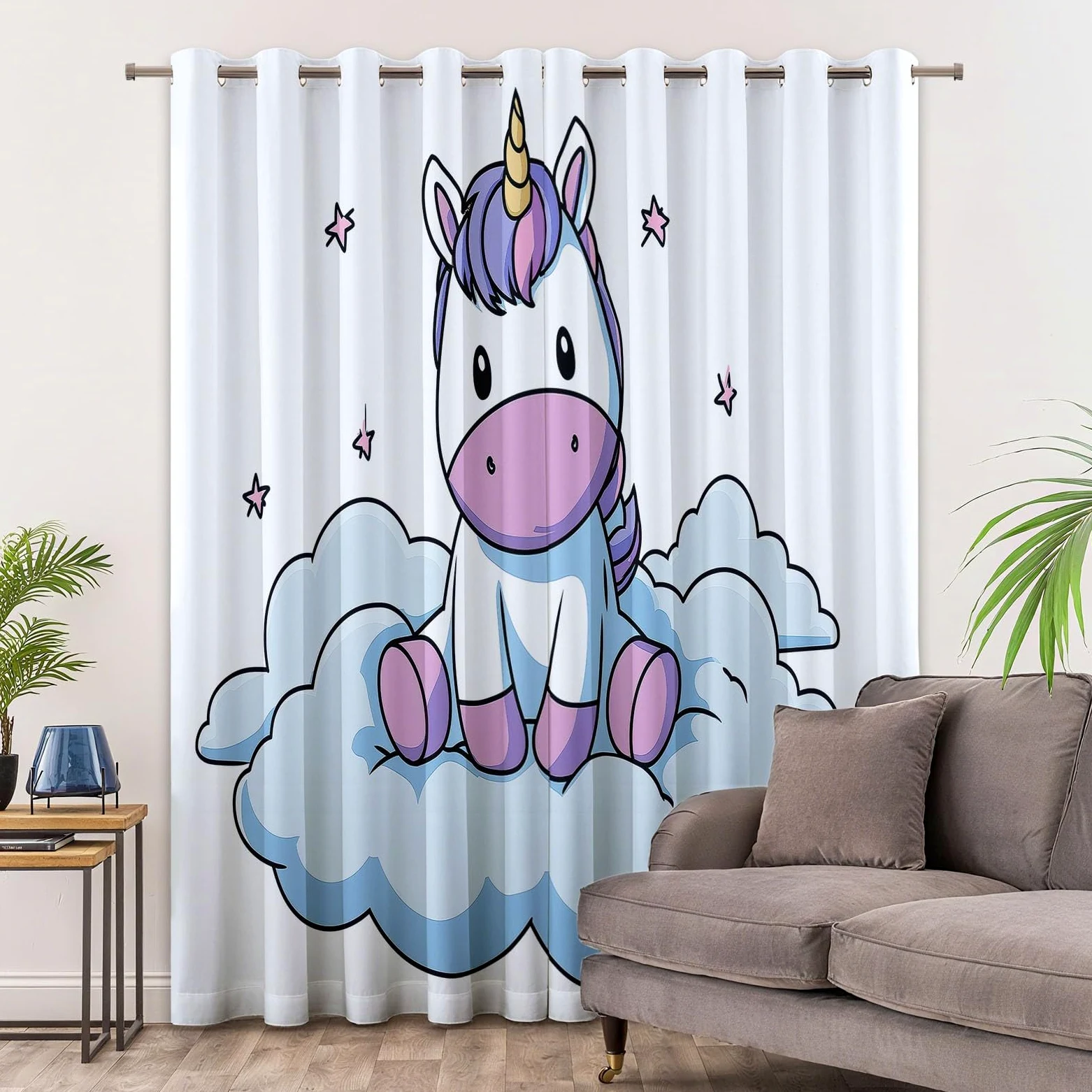 Générique Rideaux Opaques en Licorne Nuages Dessin Animé, Rideau Occultant en Polyester Blanc, Rideaux Thermique Isolant Anti-Froid Décoration de Fenêtre pour Salon Chambre Lot de 2 110L x 215H cm