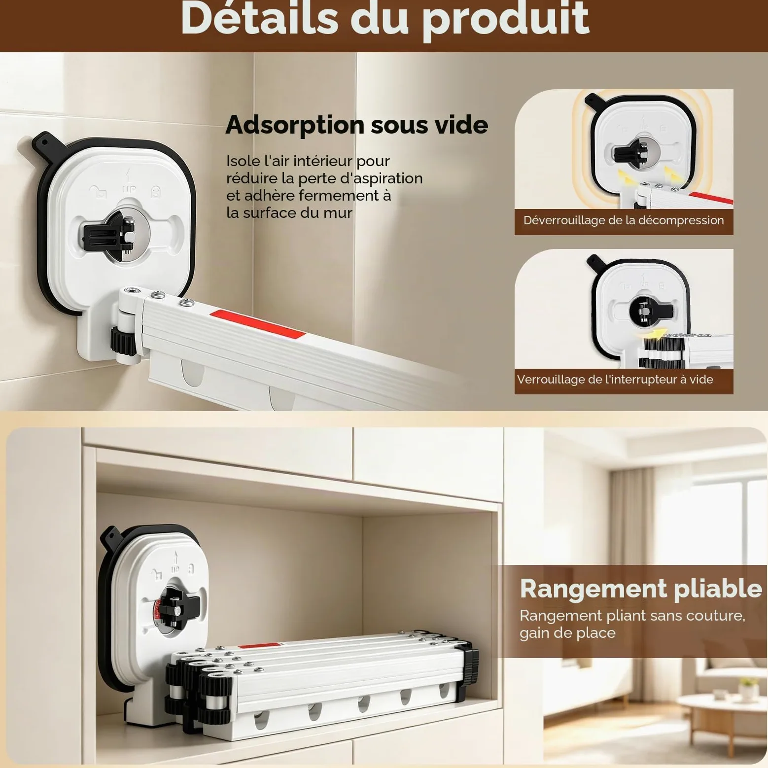 Rideau De Douche Sans Perçage,En Forme De L/U,5 Plis,190 cm | Ventouse Puissante,Tringle À Rideau De Douche Pliable Avec Ventouse,Tringle À Rideau De Douche Pour Douches D'Angle,Blanc