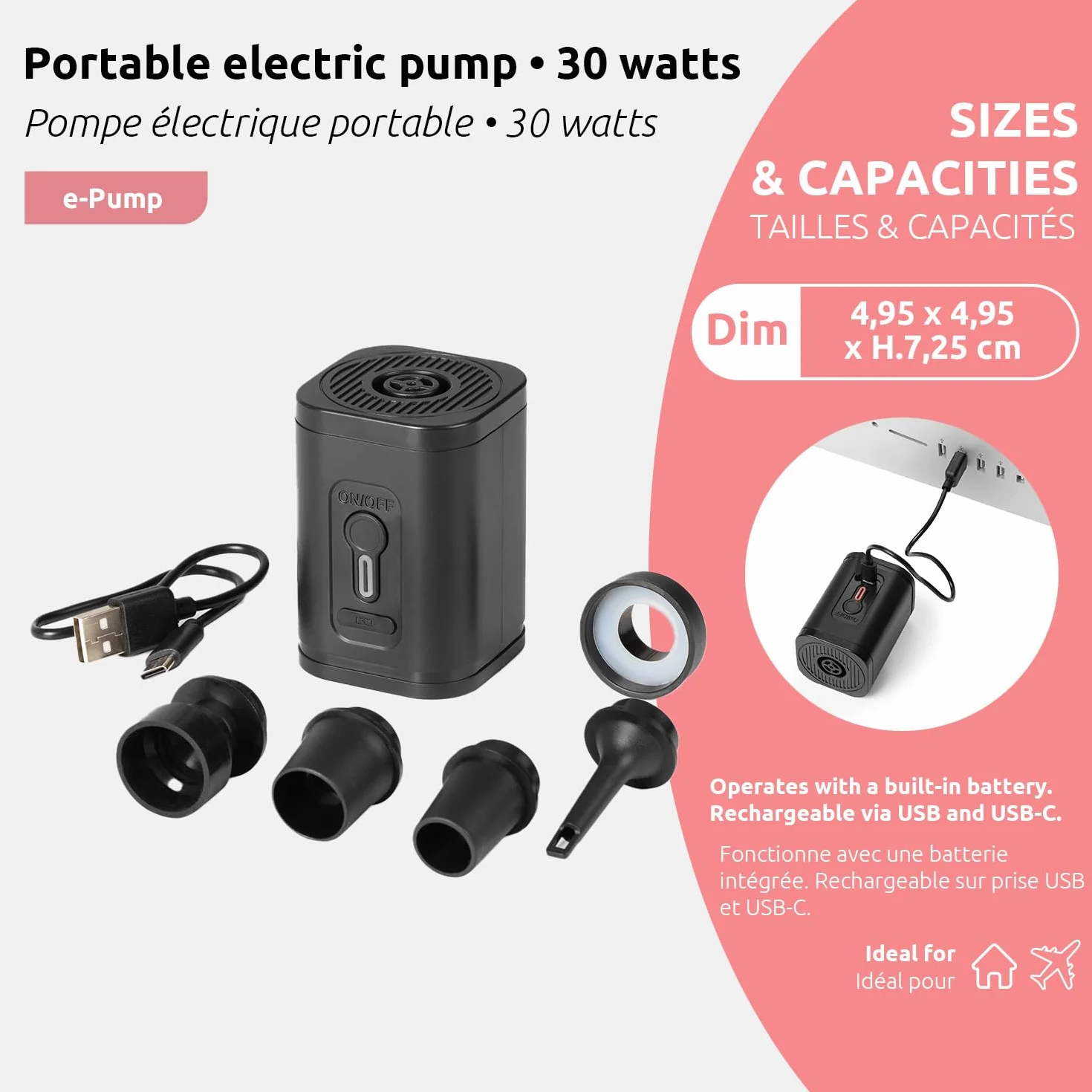 Pompe électrique portable sans fil Compactor pour sacs de rangement sous vide - Recharge USB - Design compact de voyage