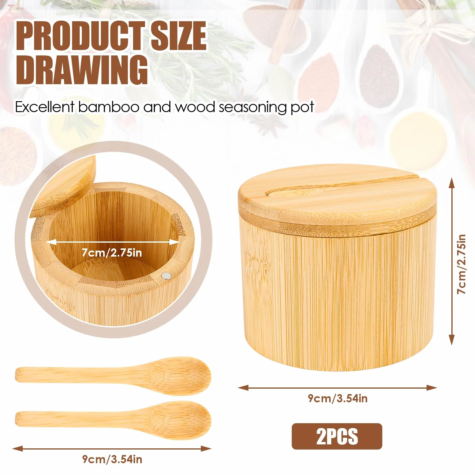 Lot de 2 boîtes à sel en bambou 6 oz avec couvercle pivotant magnétique et cuillère, bocal à épices en bois