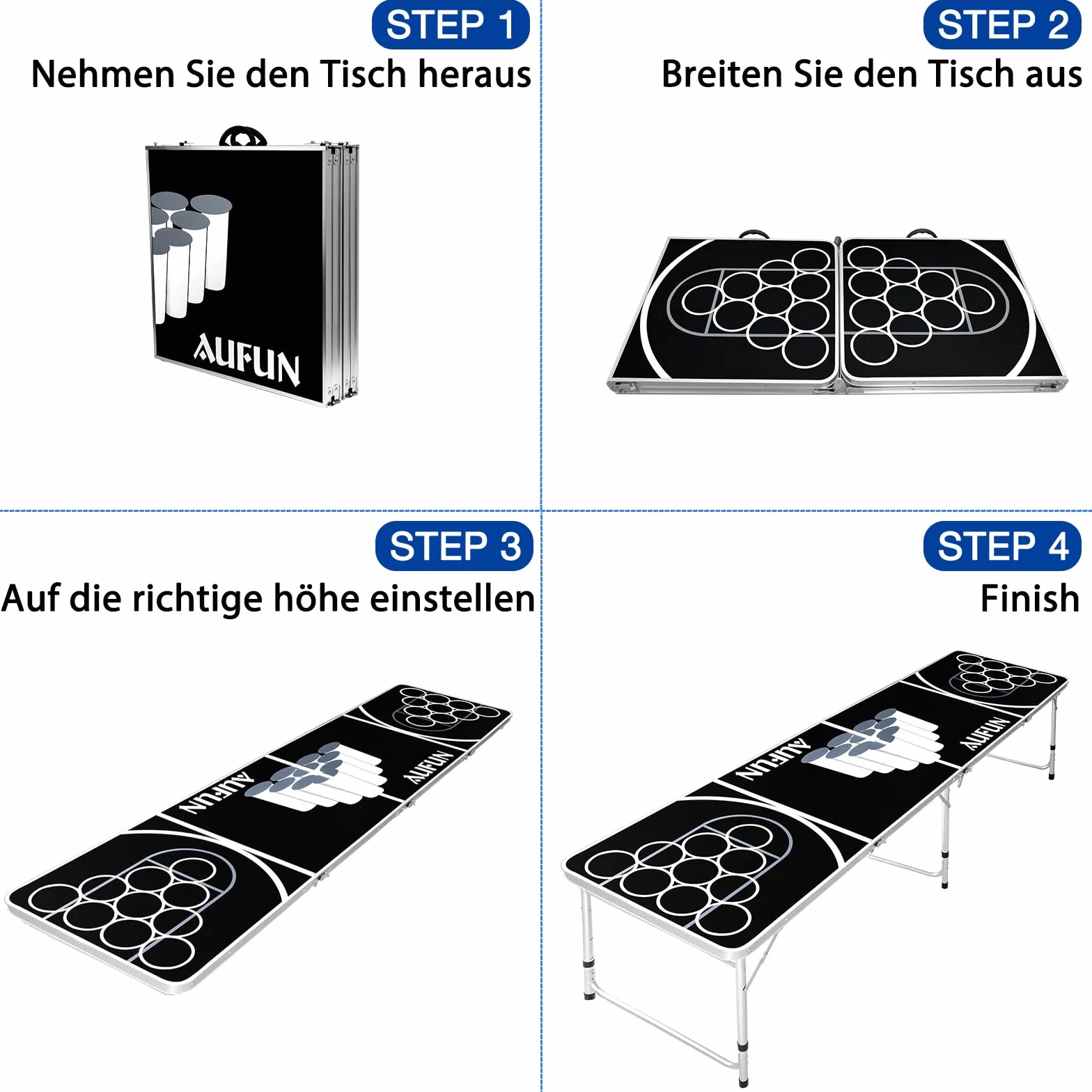 NAIZY Table Beer Pong Premium Réglable Hauteur Aluminium MDF 242x62cm Noir avec 100 Gobelets 5 Balles