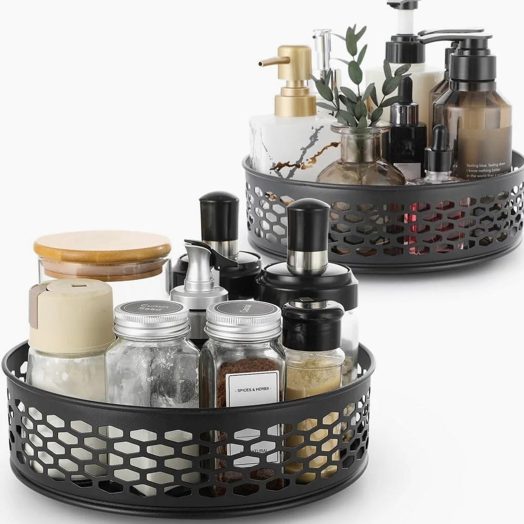 Lazy Susan Lot de 2 étagères à épices rotatives en acier avec base antidérapante pour rangement de cuisine et salle de bain, 26 cm et 22 cm, noir