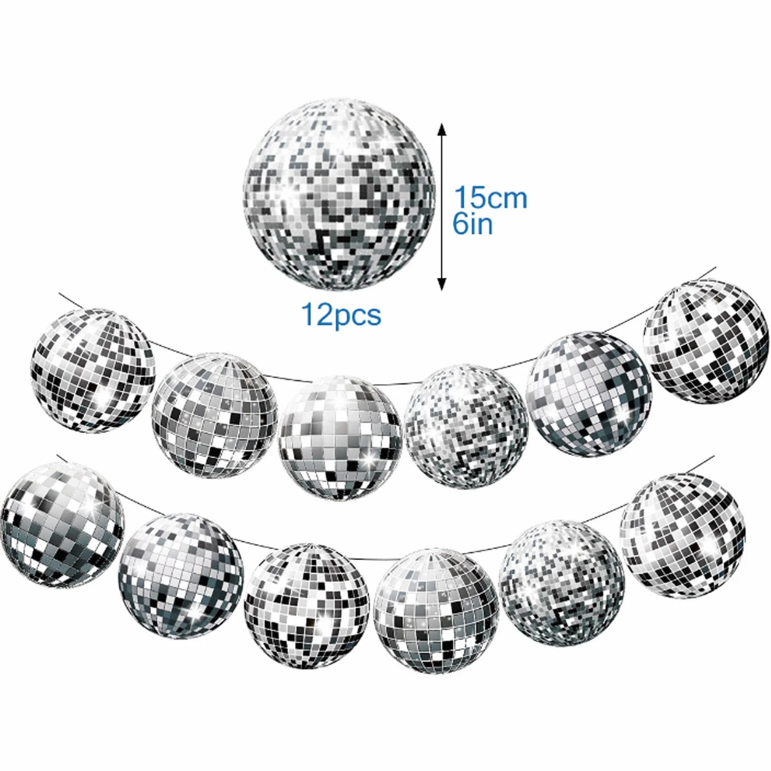 Guirlande Décoration Disco 2 Bannières Boules Paillettes Argentées 6 Spirales Suspendues Fête Années 70 80 90