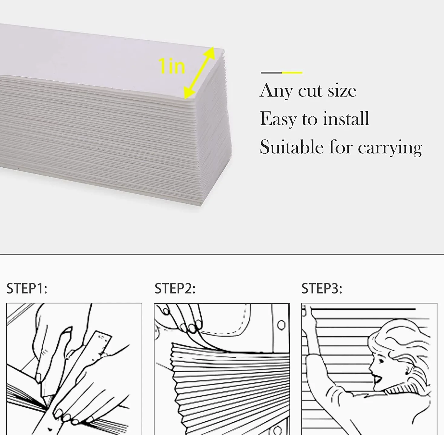 Store Plissé sans Perçage, Store Occultant Temporaire Thermo Protection Solaire pour Fenêtres, Rideau Occultant Thermiques avec 12 Clips - 6 Piece, Facile à Couper et à Installer (Blanc,90X150cm)