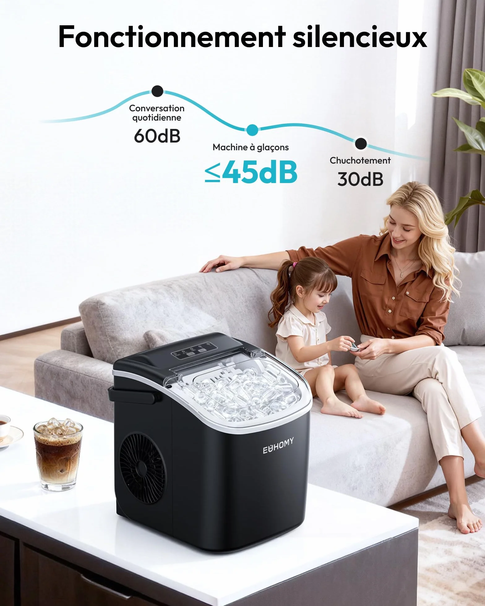 EUHOMY Machine à Glaçons, 9 Glaçons en 6 Minutes, Auto-Nettoyante, 12 Kg/Jour, Ice Maker Noir