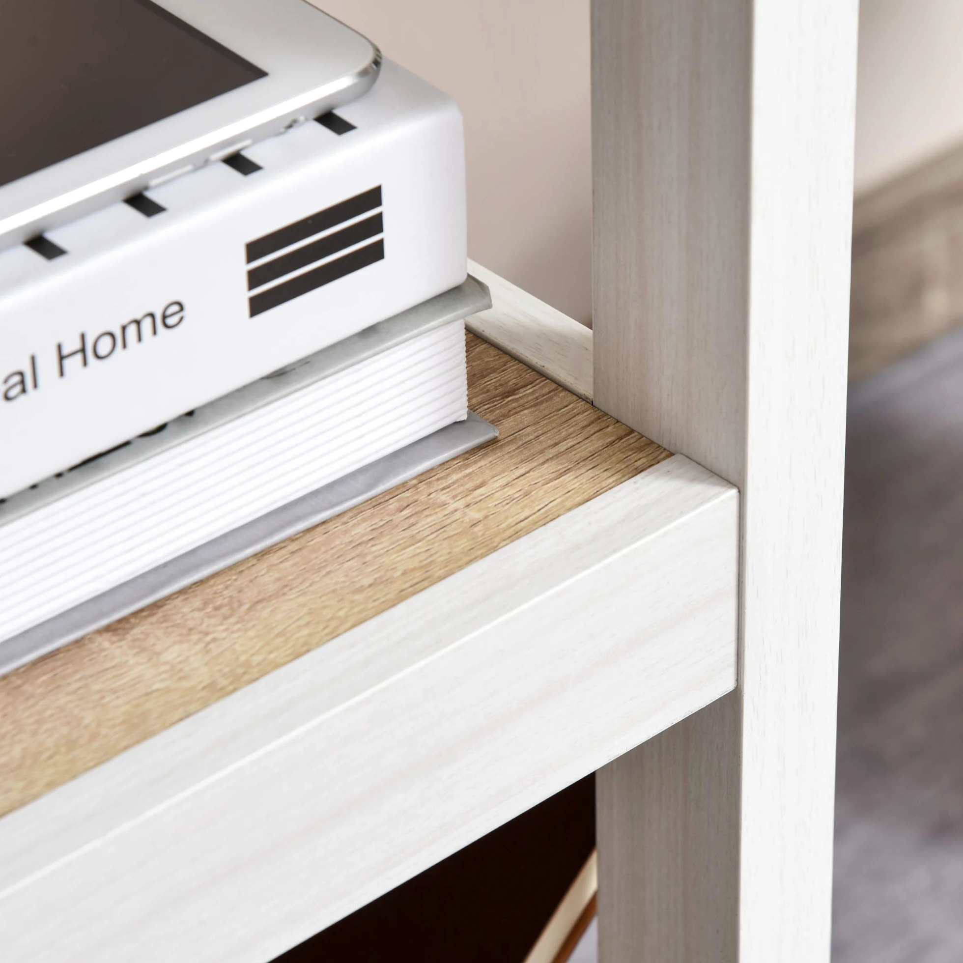 HOMCOM Bureau Informatique Multimédia 110Lx48lx76H cm Chêne Clair Blanc | 2 Étagères Latérales, MDF E1, Bureau Avec Rangement