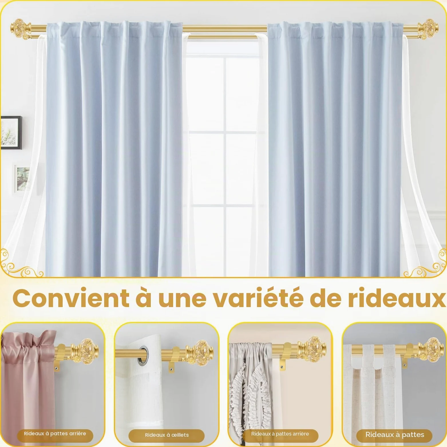 Kit de tringle à rideau double BHSRODS - Longueur réglable (213-305 cm) - Finition dorée avec embouts transparents, supports et crochets