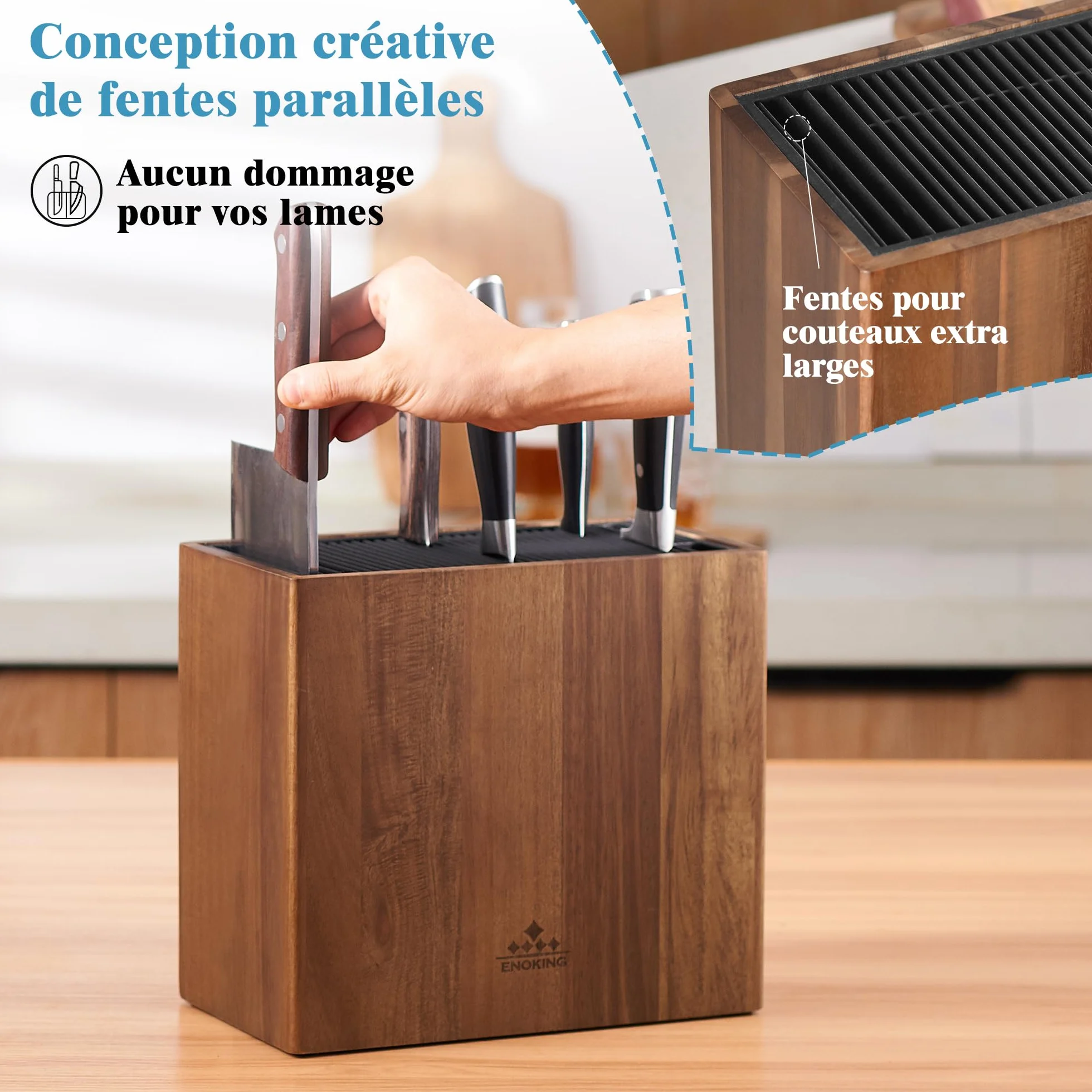 ENOKING Porte Couteaux en Bois d'Acacia, Range Couteaux de Cuisine Universel avec Couvercle en Plastique