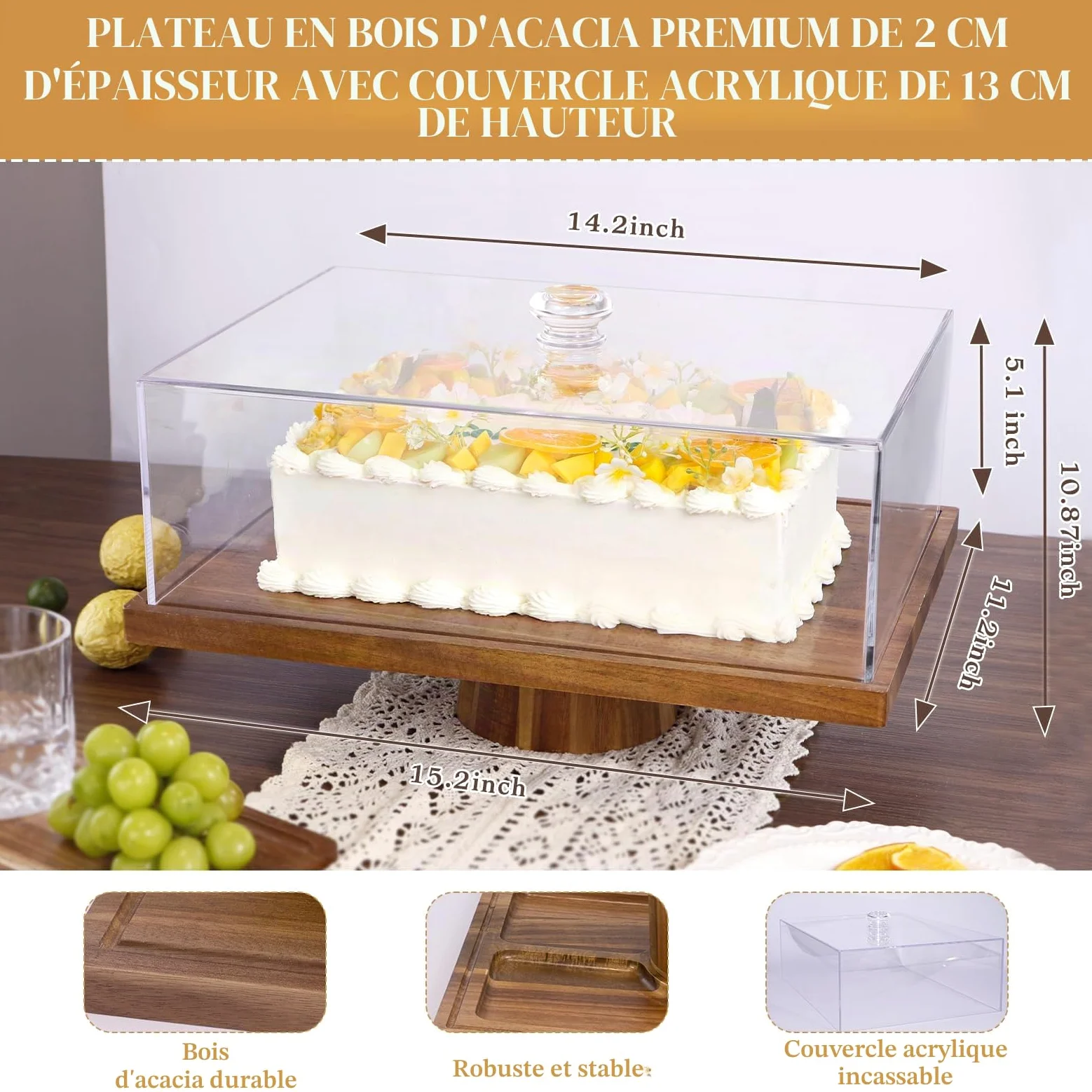 Présentoir à gâteaux rectangulaire en bois d'acacia de 43 cm avec couvercle - Plateau de service et présentoir à desserts 2 en 1, dôme à gâteaux en acrylique incassable (43 cm)