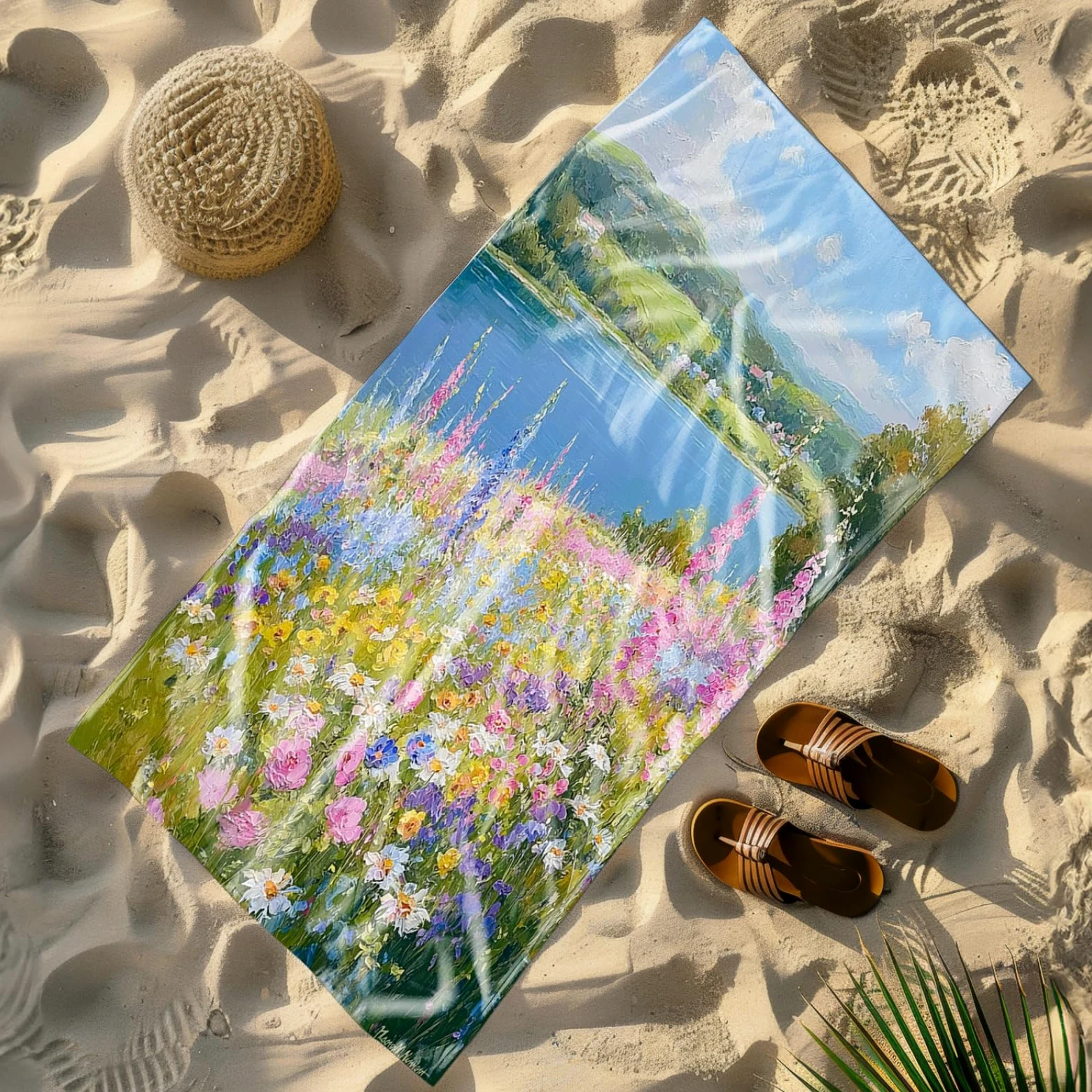 Tapis de Plage XXL Anti Sable Fleur De La Rivière Bleue Serviette Piscine Adulte,Natte De Plage Pliable, Voyage Accessoires De Plage Camping,Serviette de Bain Personnalisée