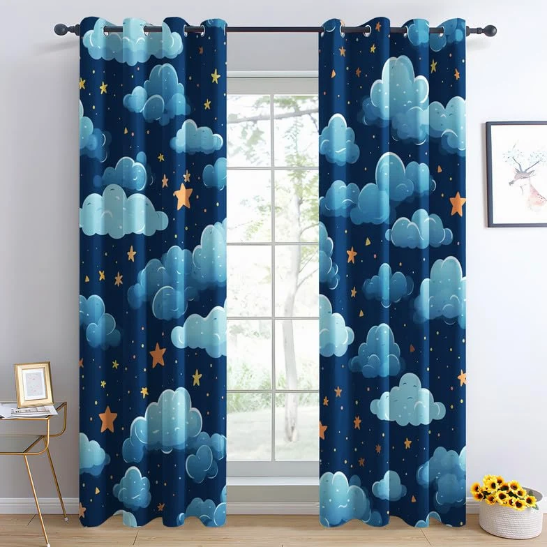 Rideau Occultant Nuages, Rideau Isolant Thermique pour Salon Chambre, Rideaux Motif étoiles, Rideau Opaque à Oeillets, Lot de 2 Rideaux et Draperies Intérieurs 140x220 cm (LxH)