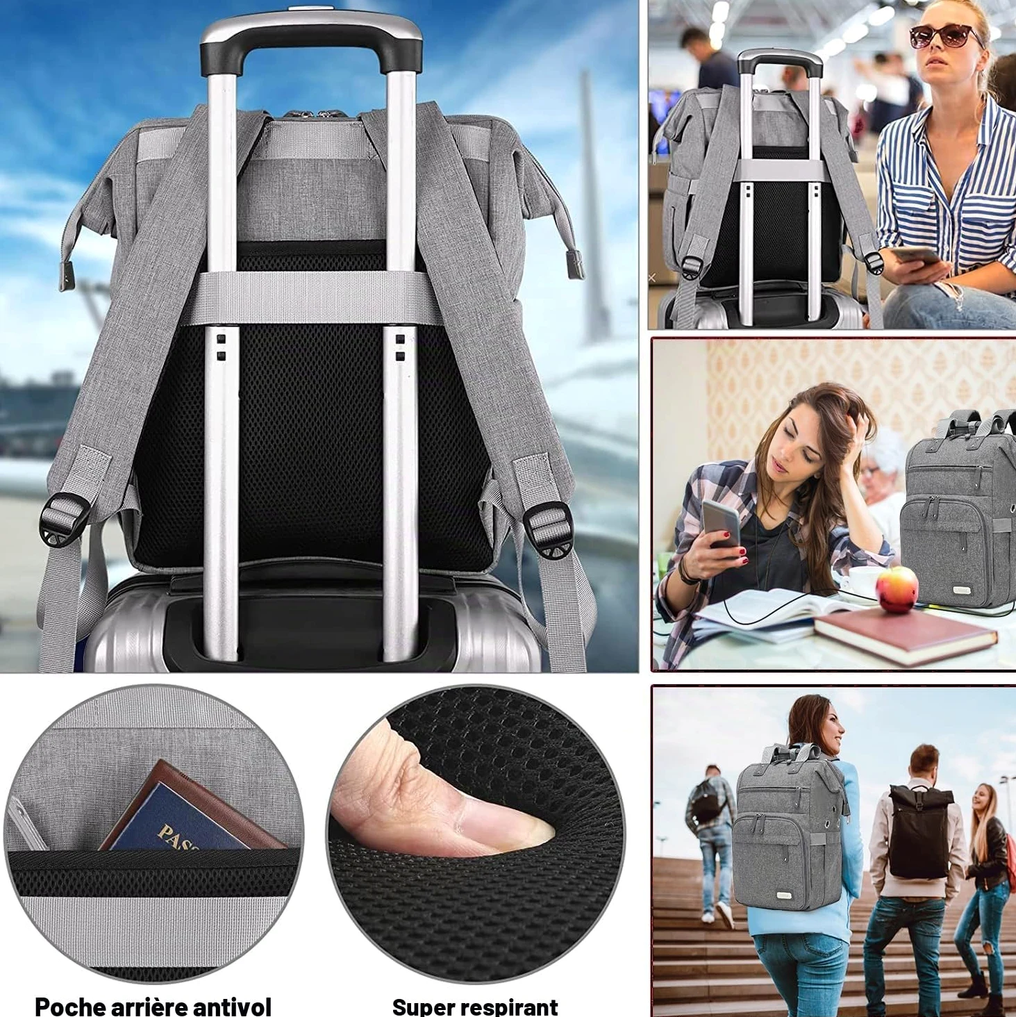 LTINVECK Sac à dos au crochet, sac à tricot, sac à dos de rangement pour fil de fer, sac de voyage avec port de charge USB, grand sac fourre-tout