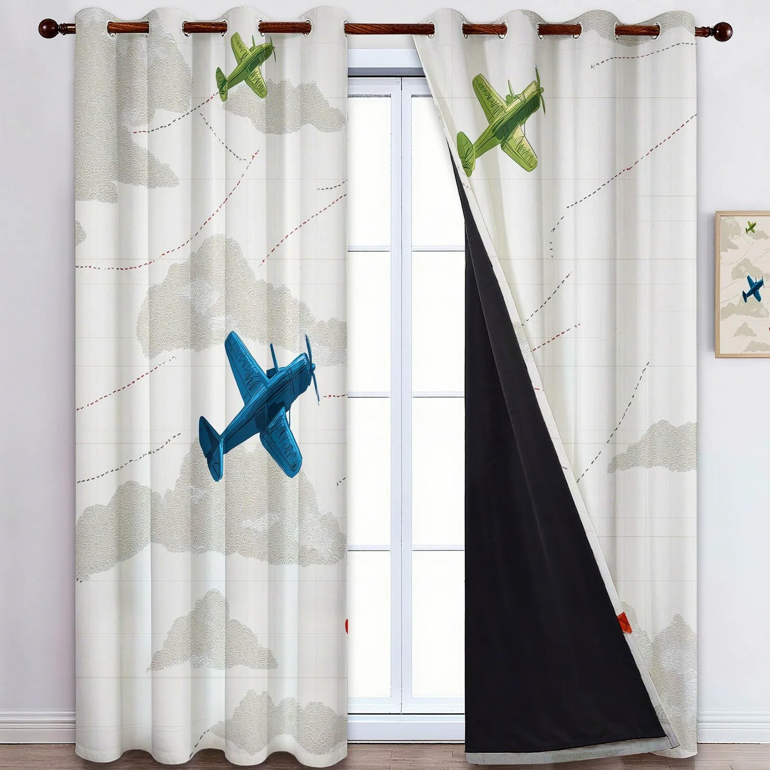 Rideau Occultant Isolants Thermiques À Oeillets Transport Avion Nuages, 110 x 215 cm Lot de 2 Rideaux Thermiques Isolants Anti Froid Imprimé pour Salon Chambre Bebe Enfant, Beige