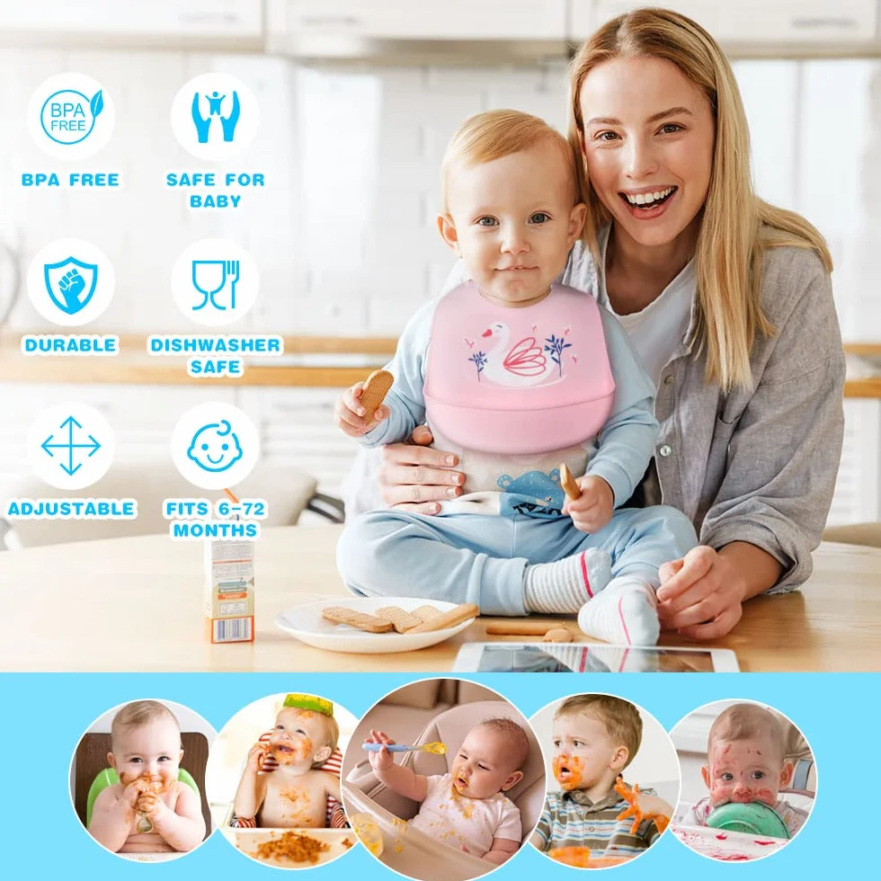 Vicloon Bébé Bavoir Silicone Souple Lot de 2, Bavoirs Étouches Imperméables, Tour de Cou Ajustable