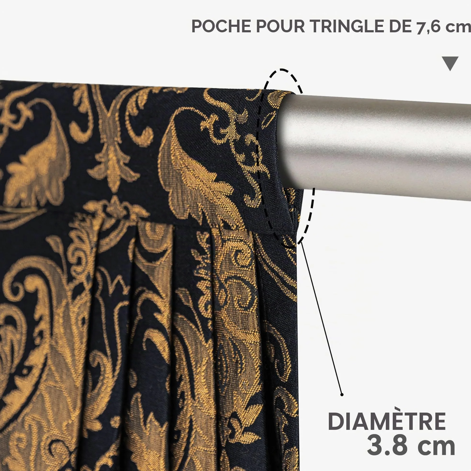 Cantonnière pour fenêtres, motif cascade damassée avec pompons, rideau court pour chambre à coucher, salon, cuisine, traitement de fenêtre avec passe-tringle (largeur 100 cm, noir)