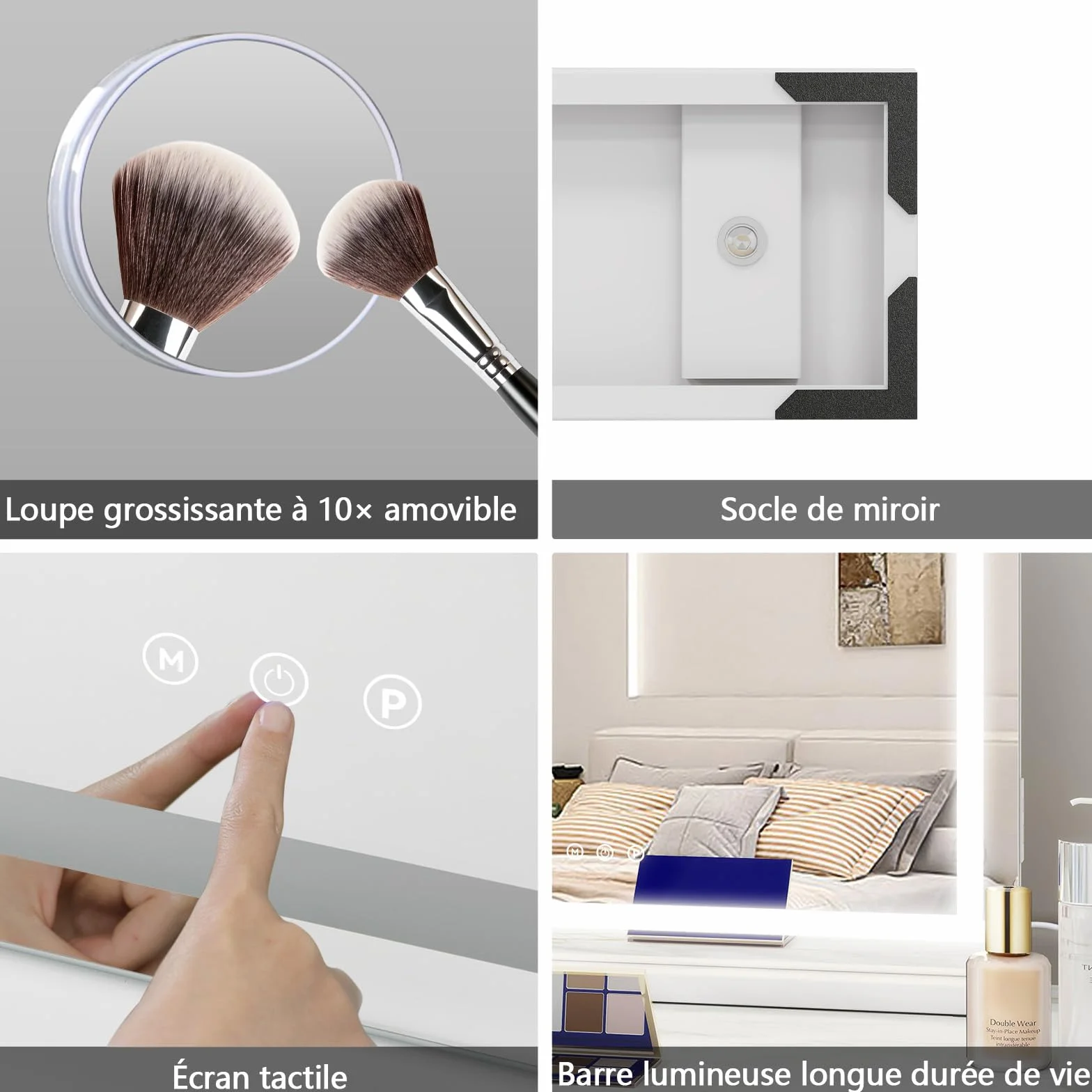 YOURLITE Miroir Maquillage Lumineux LED 58x45cm Hollywood 3 Températures de Couleur Tactile USB Loupe 10x