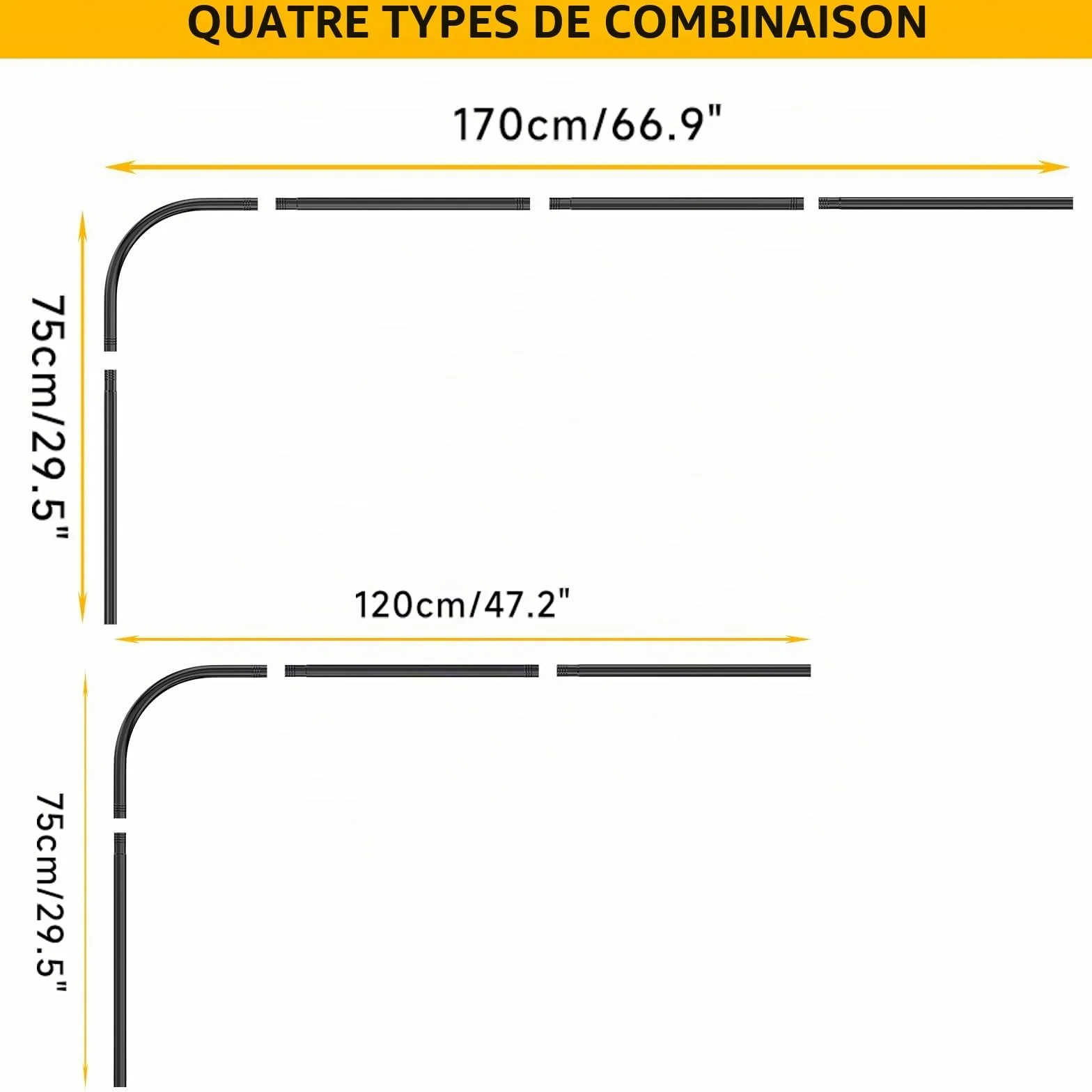 Tringle à Rideau de Douche L Forme, Barre De Douche Angle en Acier Inox, 75x170 cm Barre Rideau Douche Noir Réglable avec Anneaux, pour Salle de Bain Baignoire Vestiaire