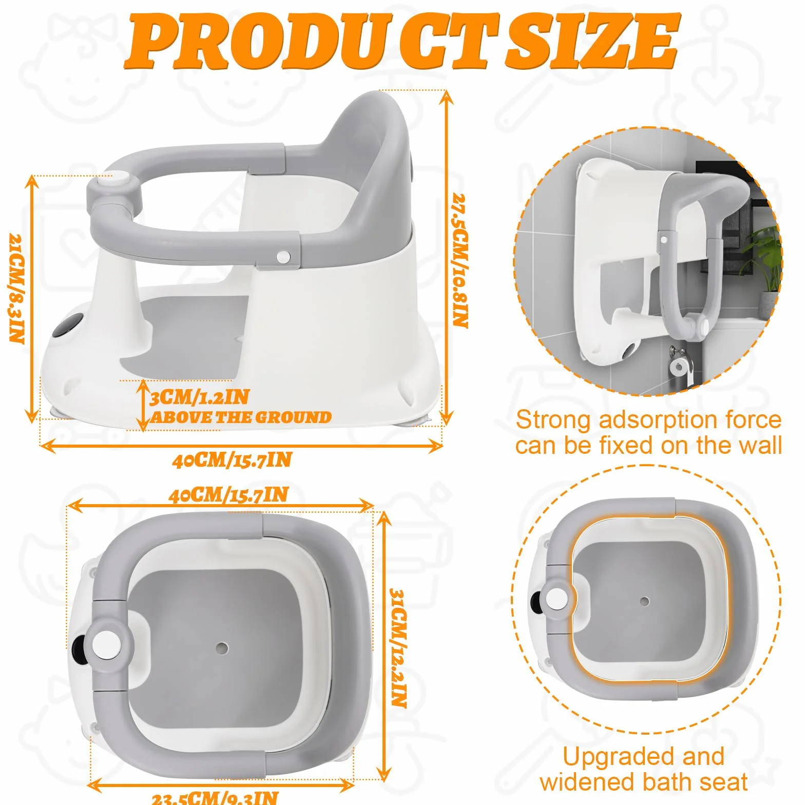 Siège de Bain Bébé 6 Mois et Plus, Anneau de Bain avec 4 Ventouses Puissantes, Antidérapant, Transat de Bain 6-24 Mois, pour Douche ou Baignoire (Gris)