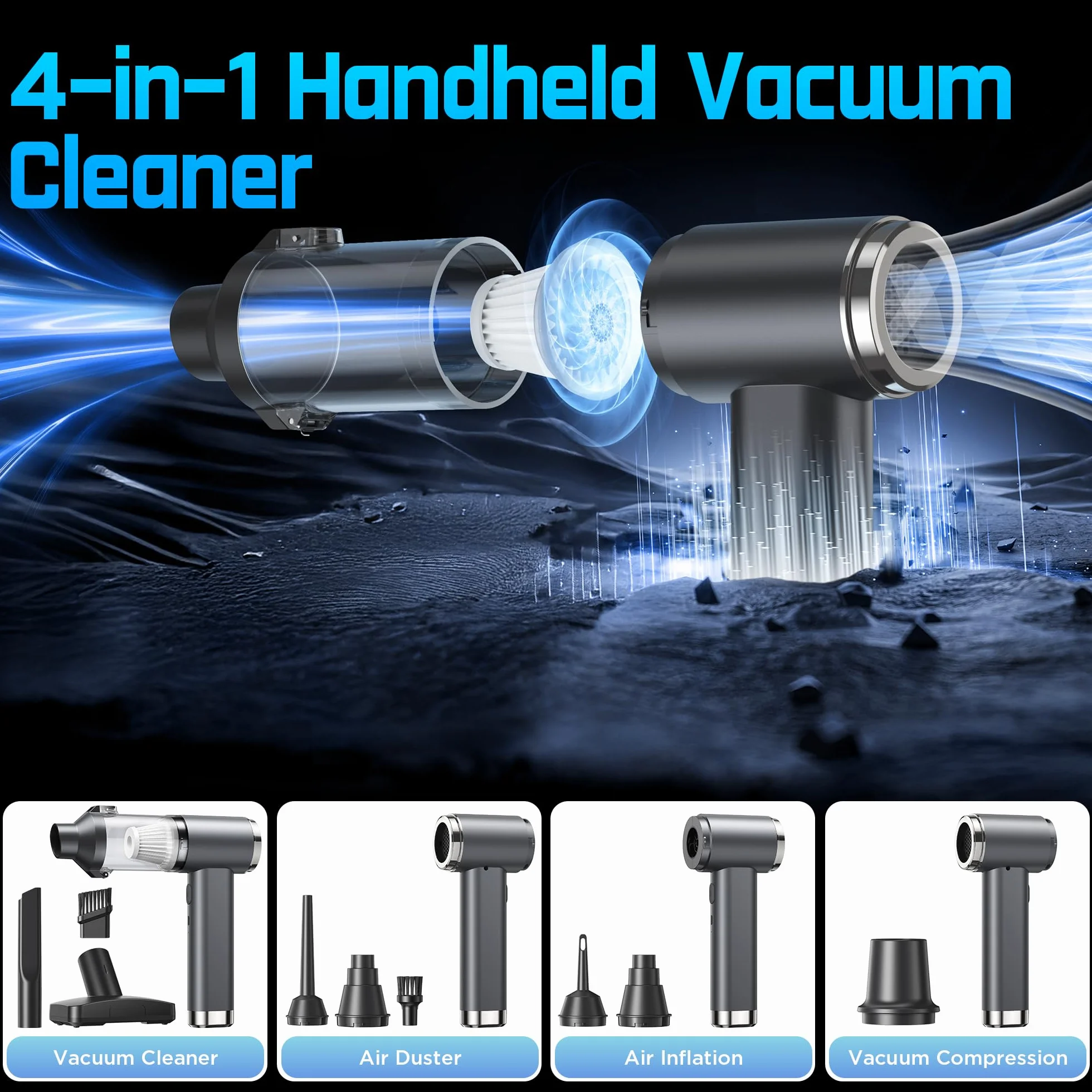 Aspirateur Voiture Puissant 4-en-1 25000Pa Sans Fil Moteur Brushless 2 Vitesses 6000mAh 150000 RPM Souffleur Air Comprimé