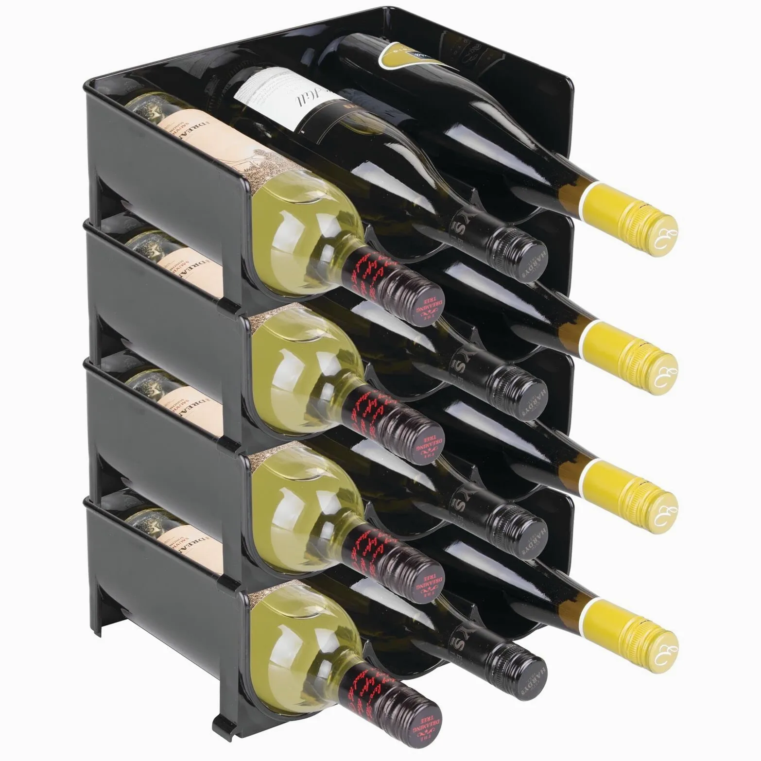mDesign Range-Bouteilles (Lot de 4) – casier à Bouteilles empilable en Plastique sans BPA pour 3 Bouteilles de vin ou Autres Boissons – étagère à vin Moderne pour jusqu'à 12 Bouteilles – Noir