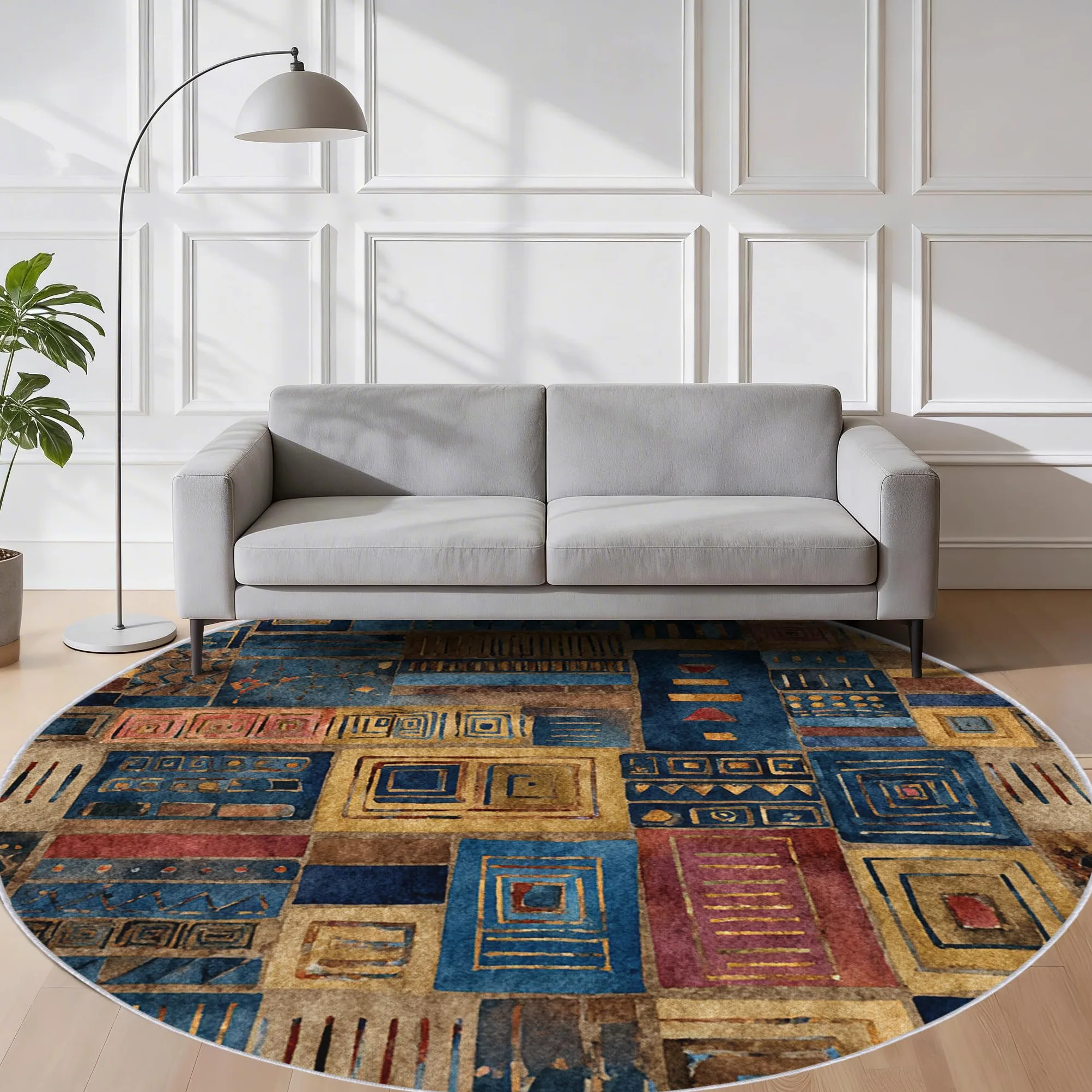 Tapis Rond Marocain Salon Chambre 100 cm de Diamètre | Motif Afrique Bleu Jaune, Antidérapant, Lavable, Poil Ras, Doux Carpet, Decoration, Moquette, Paillassons