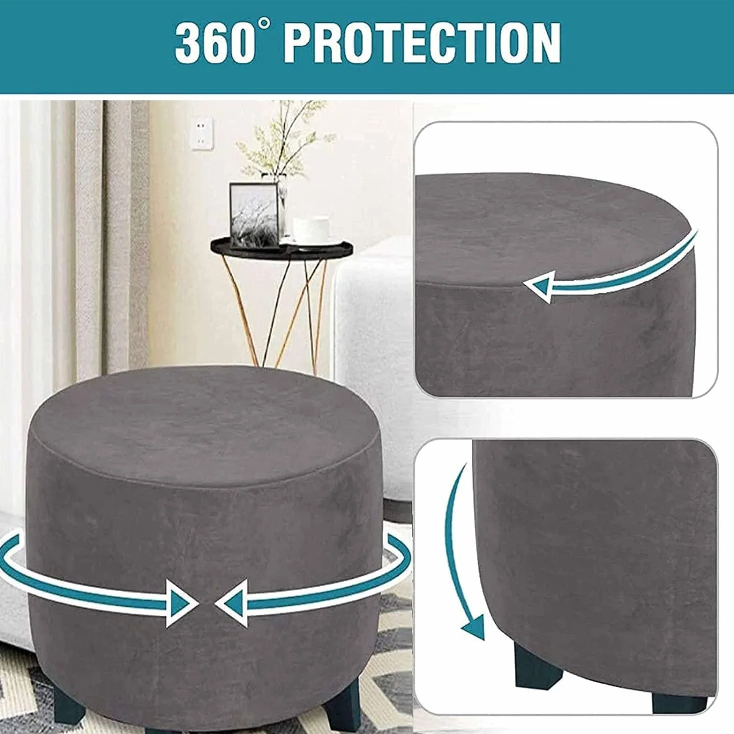 Velours Housse de Pouf Extensible Rond Diamètre 30-55CM Lavable Peacock Blue