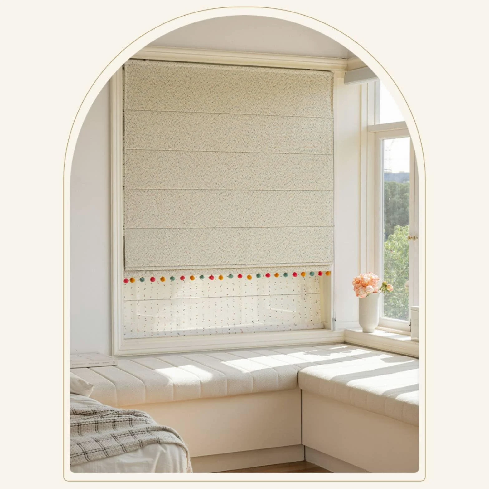 Store Bateau Occultant Rideau Enfant Voilage Tentures à Pompons Tissu Lin Aspect Polyester Jacquard Atténue la Lumière et Préserve l'Intimité Adapté à, Tissu À Pois Colorés