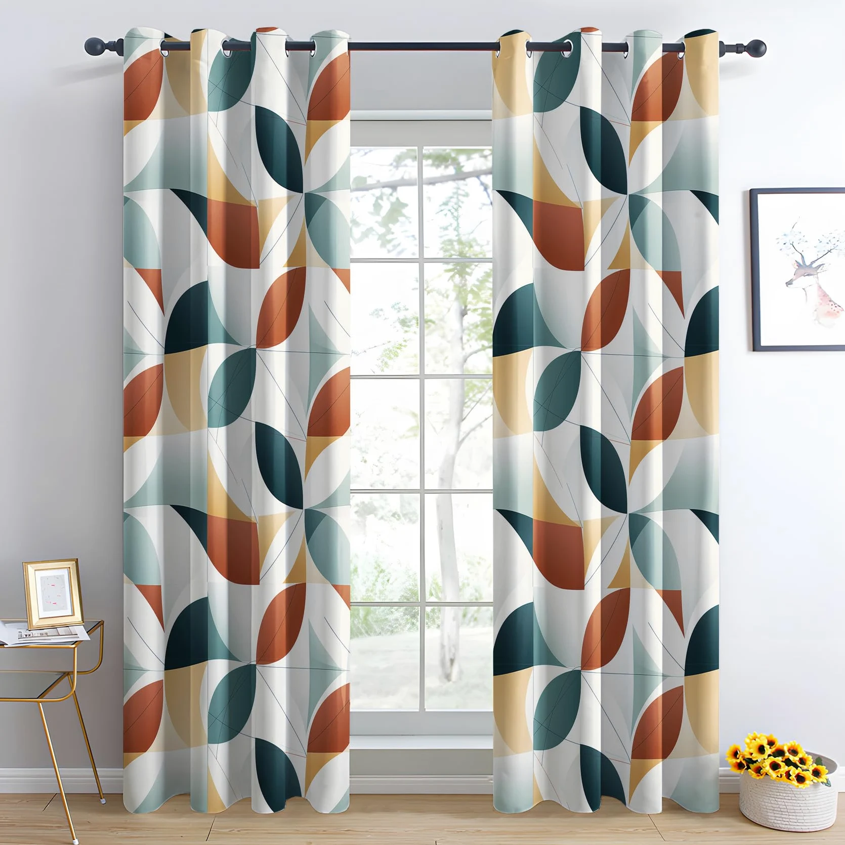 Rideau Occultant Patchwork Géométrique, Rideaux Thermiques à Oeillets pour Chambre, Motif Moderne Rideaux Salon, Moderne Lot de 2 Décoration de Fenêtre, Rideaux 140x240cm LxH(Km-&350)