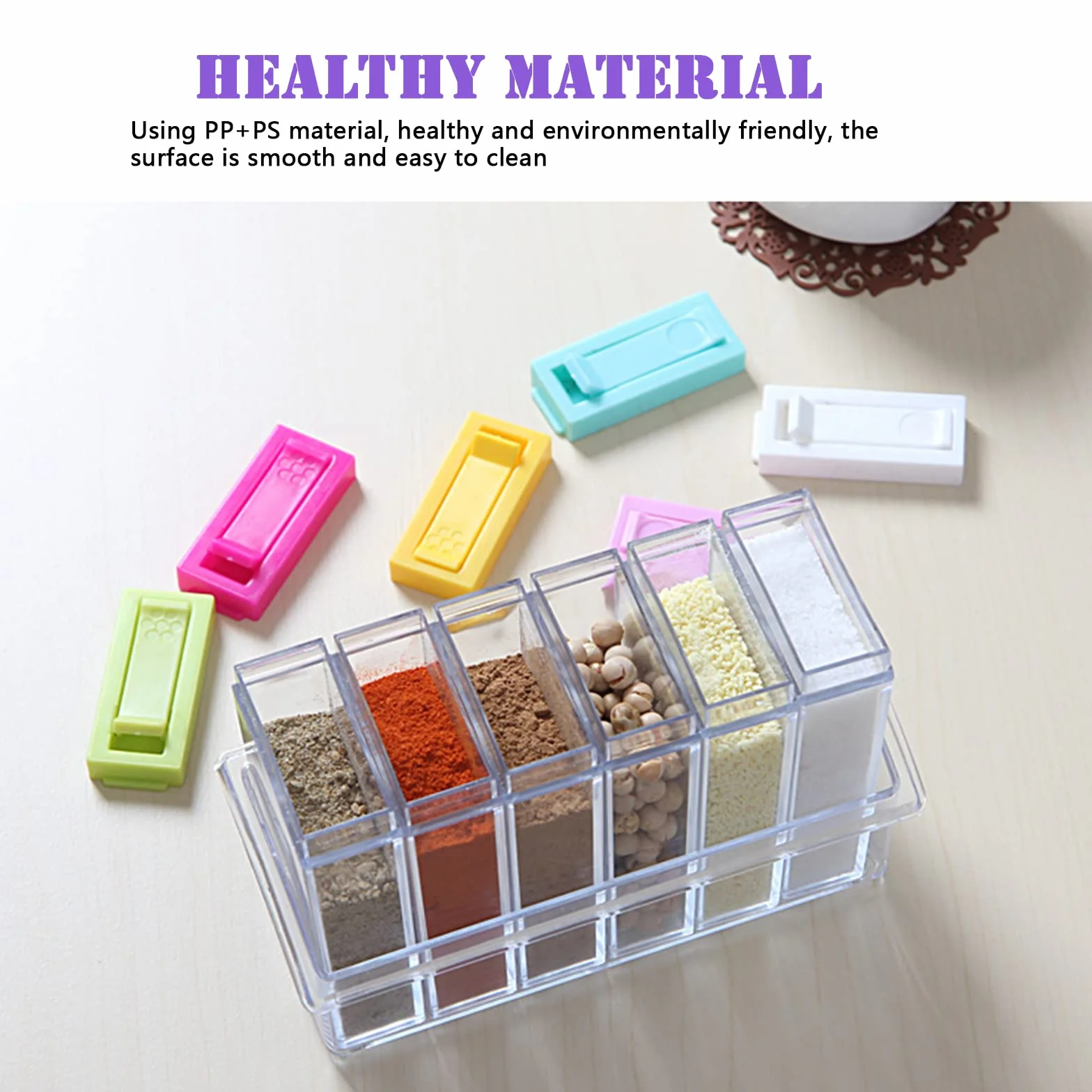 Lot de 6 Boîtes Épices Plastique avec Plateau, Ensemble de Pots à épices Transparent pour Rangement de Condiments