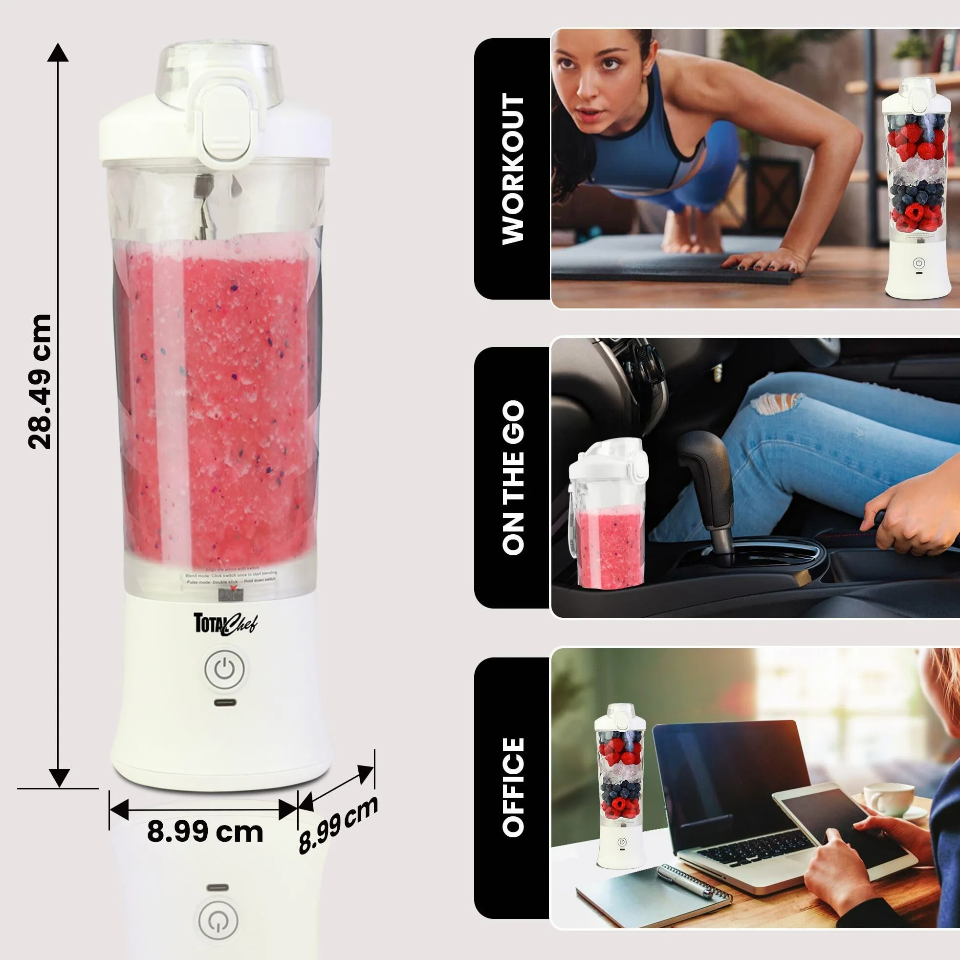Total Chef Mini mixeur portable USB sans fil pour smoothie 600 ml Petit mélangeur pour boissons protéinées, aliments pour bébé, milkshakes, jus de fruits, slushie pour la maison, le bureau, les
