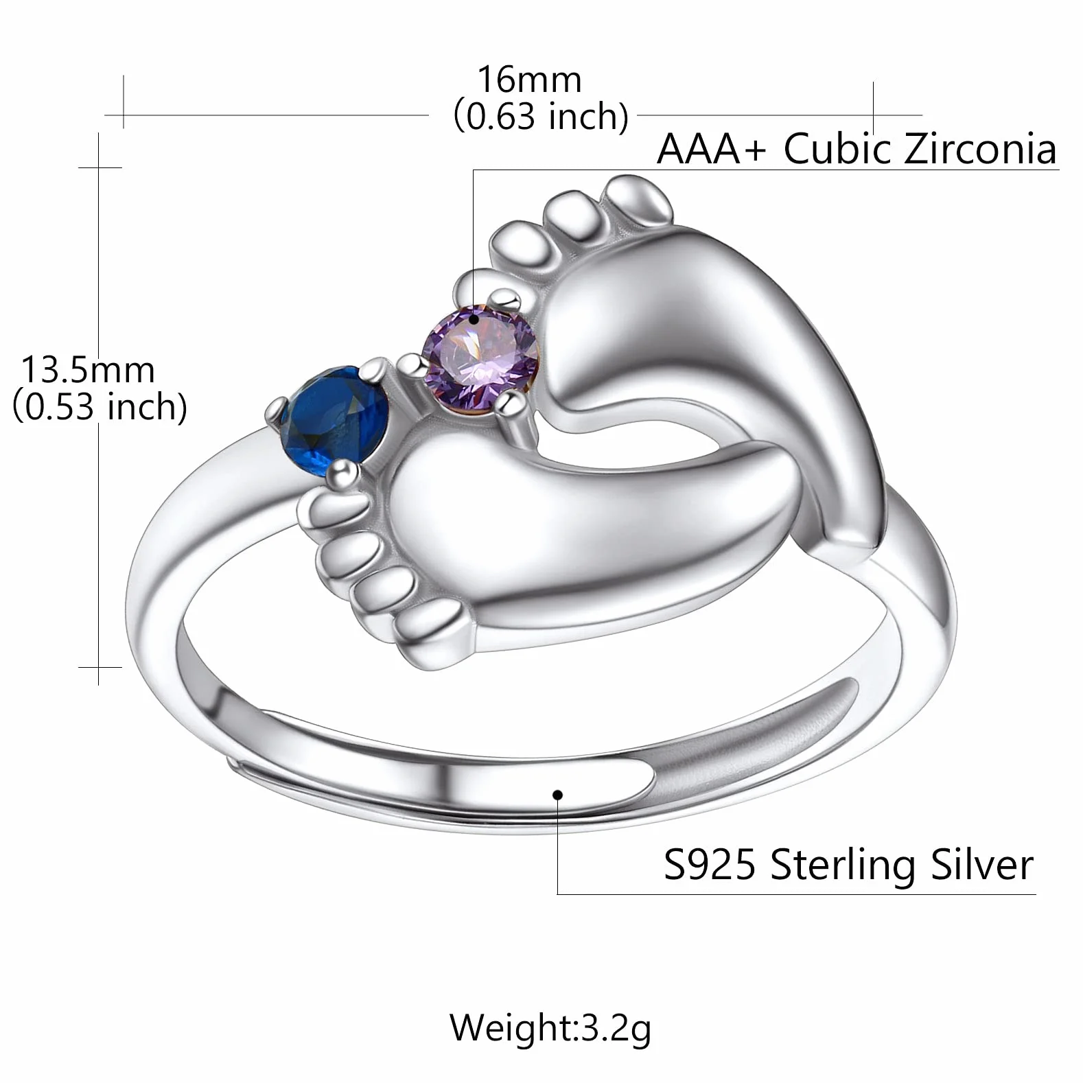 Bague Argent 925 Femme Réglable Personnalisable 2 Prénoms Pierre de Naissance
