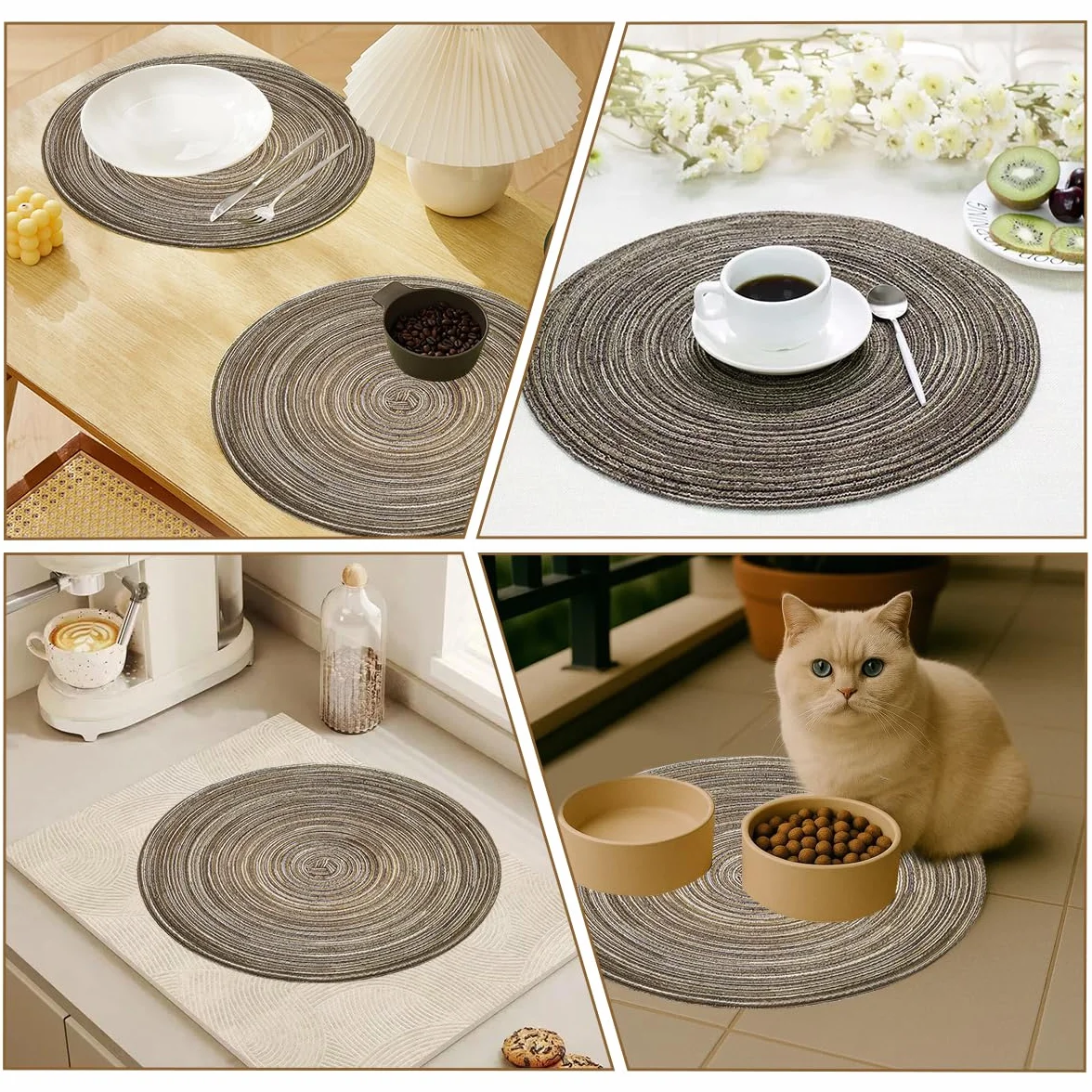Set de Table Rond 30 cm 6 Pièces en Coton Tressé Lavable Résistant à la Chaleur Antidérapant