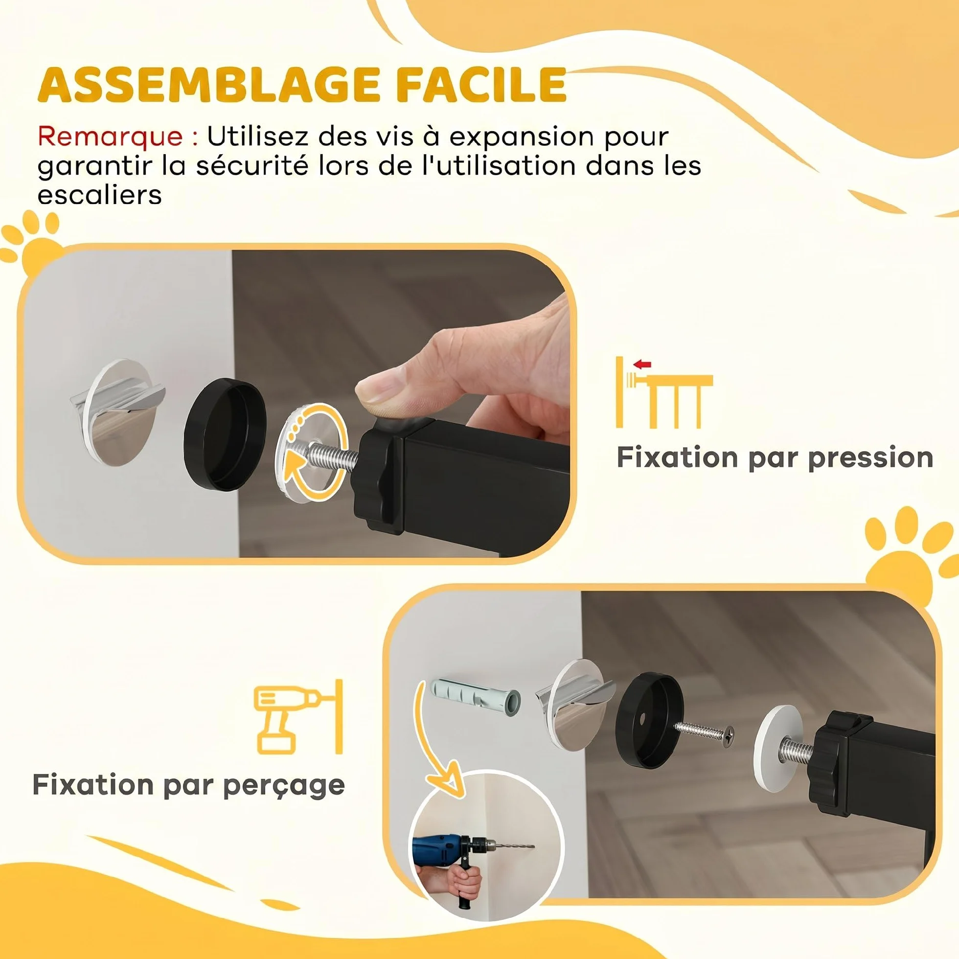 PawHut Barrière de sécurité Animaux 74-148 x 76,2 cm Porte Fermeture Automatique Double Verrouillage sans perçage 3 Extensions Noir