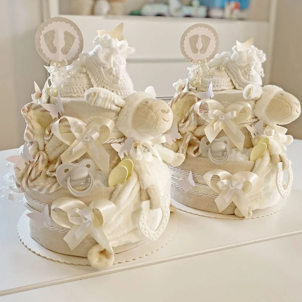 MomsStory Gâteau de Couches Neutre Mouton 2 Étages Beige Cadeau Naissance Baby Shower
