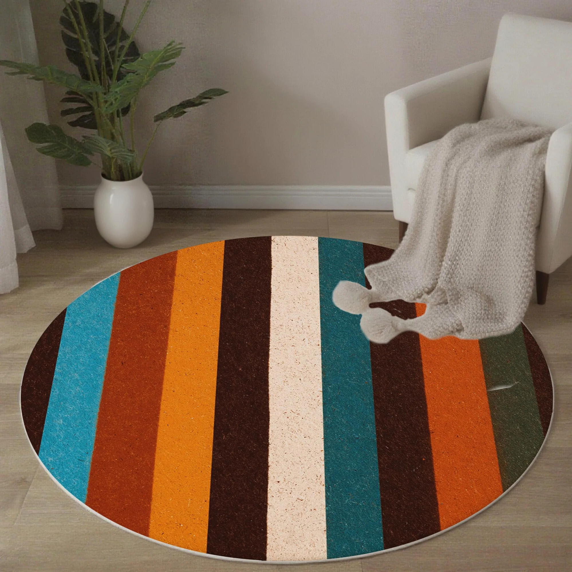 Tapis Rond De Chambre 120 Cm - Patchwork Rayé Rétro Terracotta - Motif Géométrie Simple - Moelleux Et Antidérapant - Tapis De Salon À Poils Courts - Lavable - Moderne Et Doux