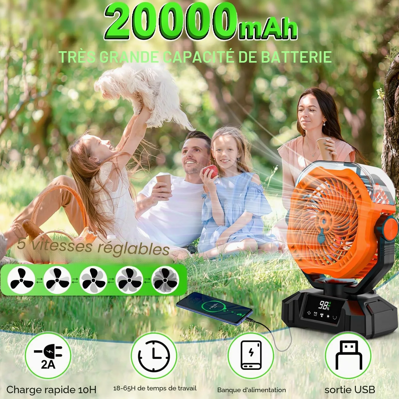 Multper 20000mAh Ventilateur Brumisateur Portable, Ventilateur Portable Rechargeable avec Réservoir d'Eau 360ML, LED, Télécommande, 5 Vitesses, Ventilateur USB Silencieux pour Camping, Bureau, Maison