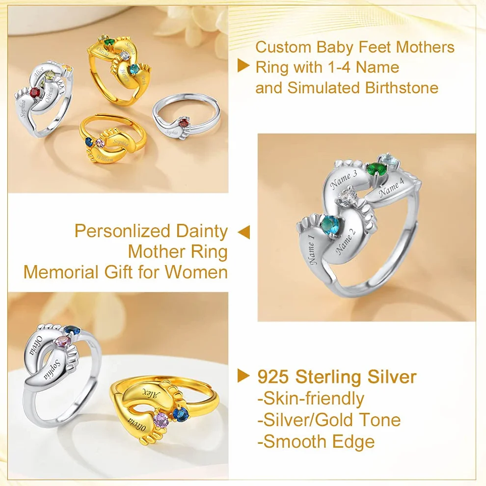 Bague Argent 925 Femme Réglable Personnalisable 2 Prénoms Pierre de Naissance