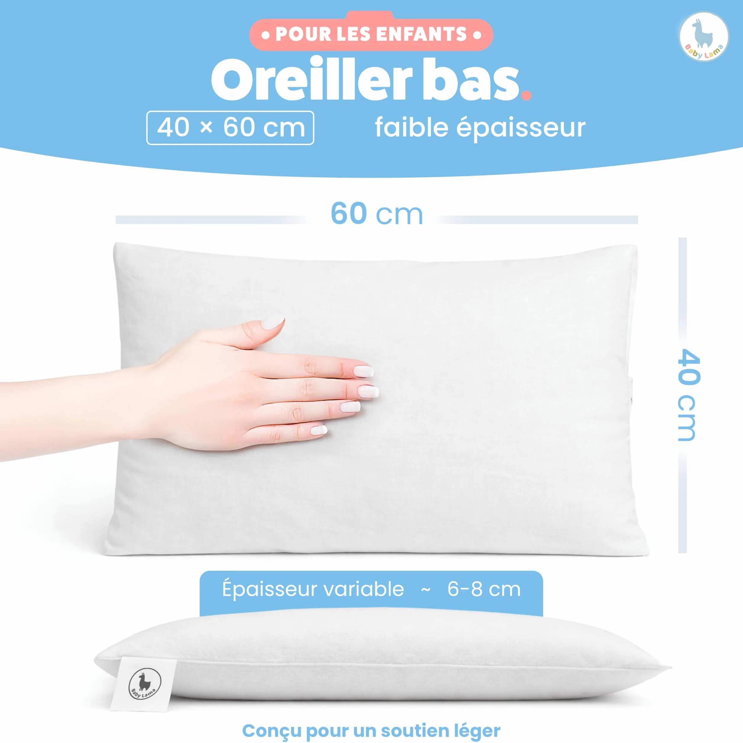 Oreiller Enfant 40x60 cm 100% Coton Oeko-Tex Hypoallergénique Anti-Étouffement Lavable Fabriqué en Italie