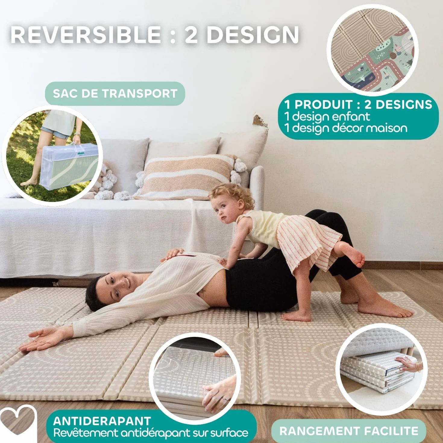BÉABA Tapis de Motricité XXL 200x150 cm Réversible 2 Faces Mousse Haute Densité 1,5 cm Imperméable Pliable Sac de Transport