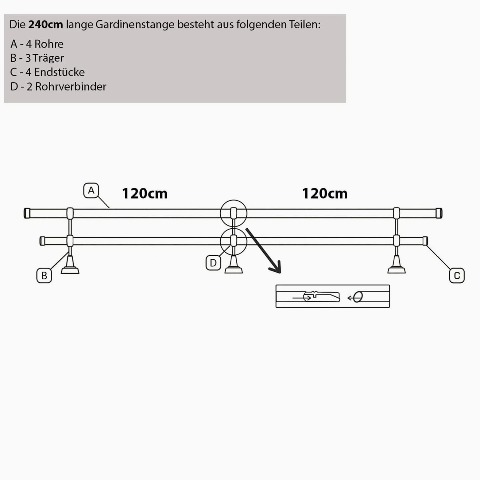 Tringle à rideau cuivre antique, 240 cm, 2 voies, 19 mm, métal, fixation murale, Embout droit