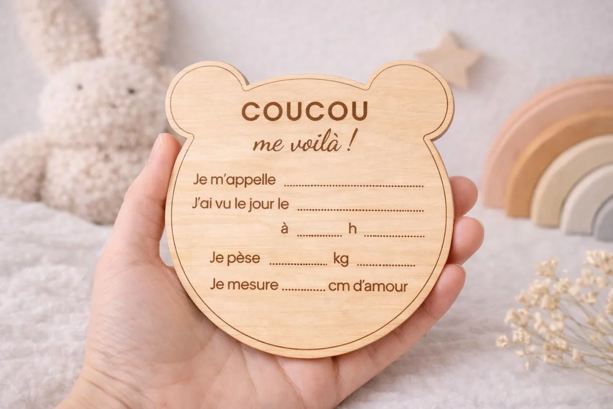 Carte bienvenue annonce naissance prénom bébé en bois - Disque prénom bébé date heure poids taille - Pancarte photo nouveau-né souvenir maternité