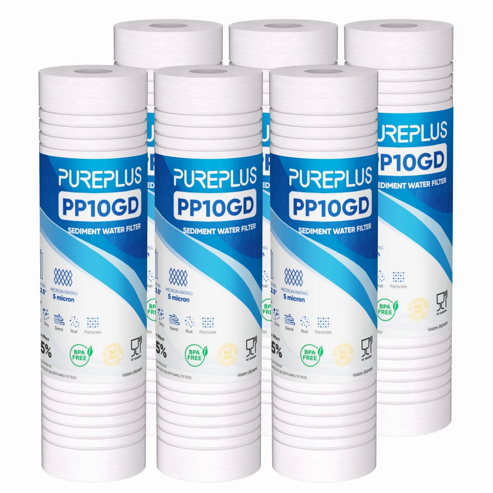 PUREPLUS Lot de 6 filtres à eau à sédiments rainurés pour toute la maison, 5 microns, 25,4 x 6,3 cm