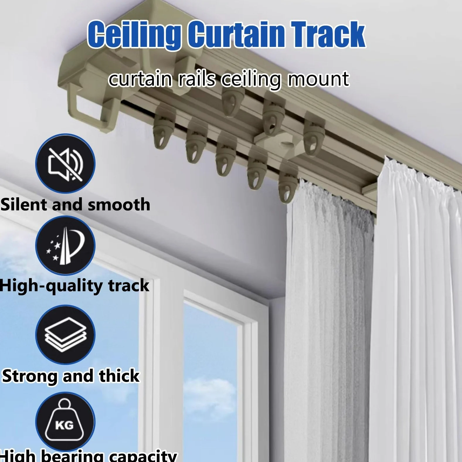 Tringle à rideaux silencieuse à rails à double rangée, rail rideaux plafond pour chambre à coucher, salon, rideaux occultants(Wit,2.2m(7.2ft))