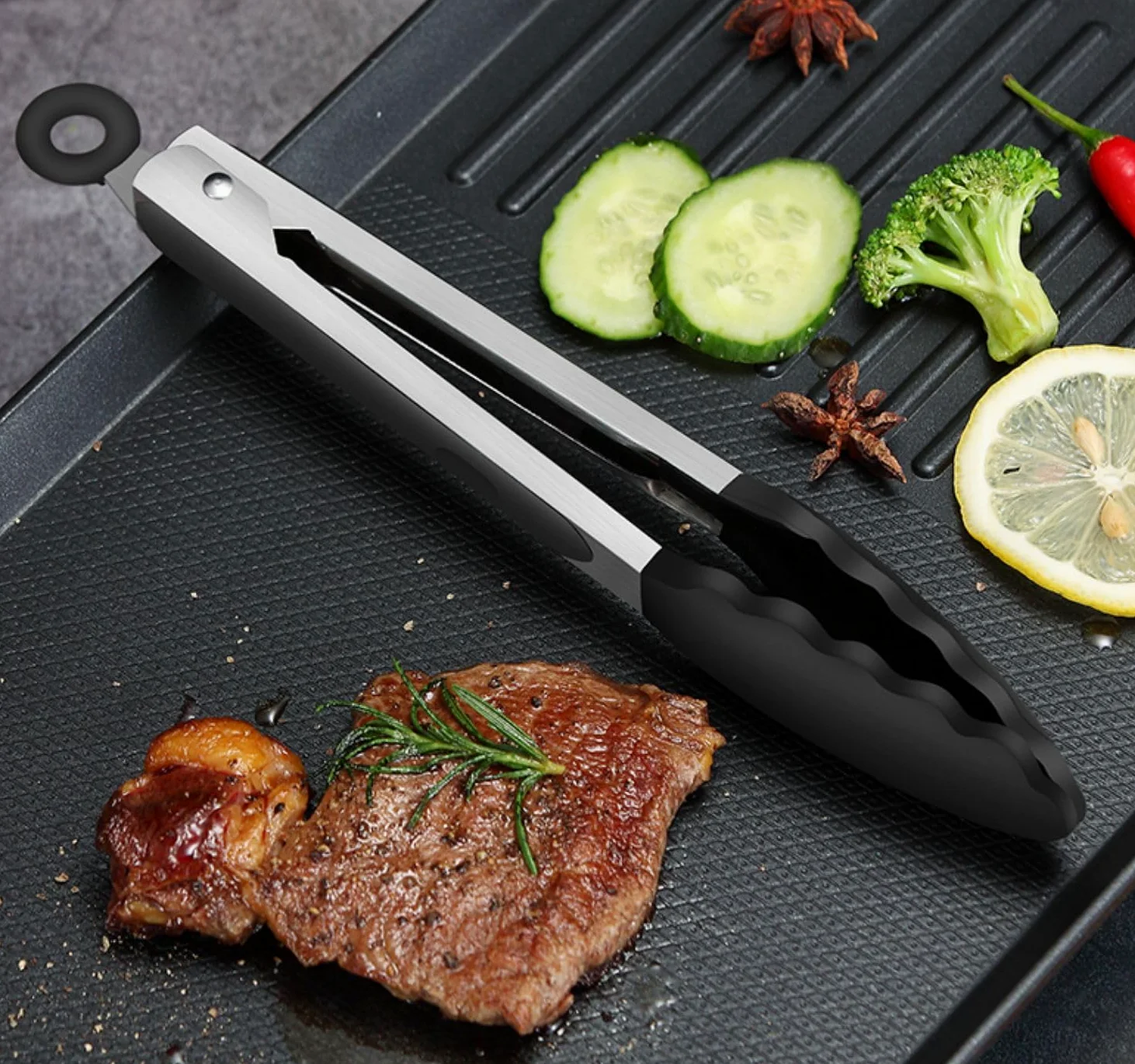 Lot de 4 pinces de cuisine en silicone verrouillables pour buffet, pinces de service en acier inoxydable, 19,2 cm, 30,5 cm et 30,5 cm avec embouts en silicone, spatule en silicone antiadhésive,