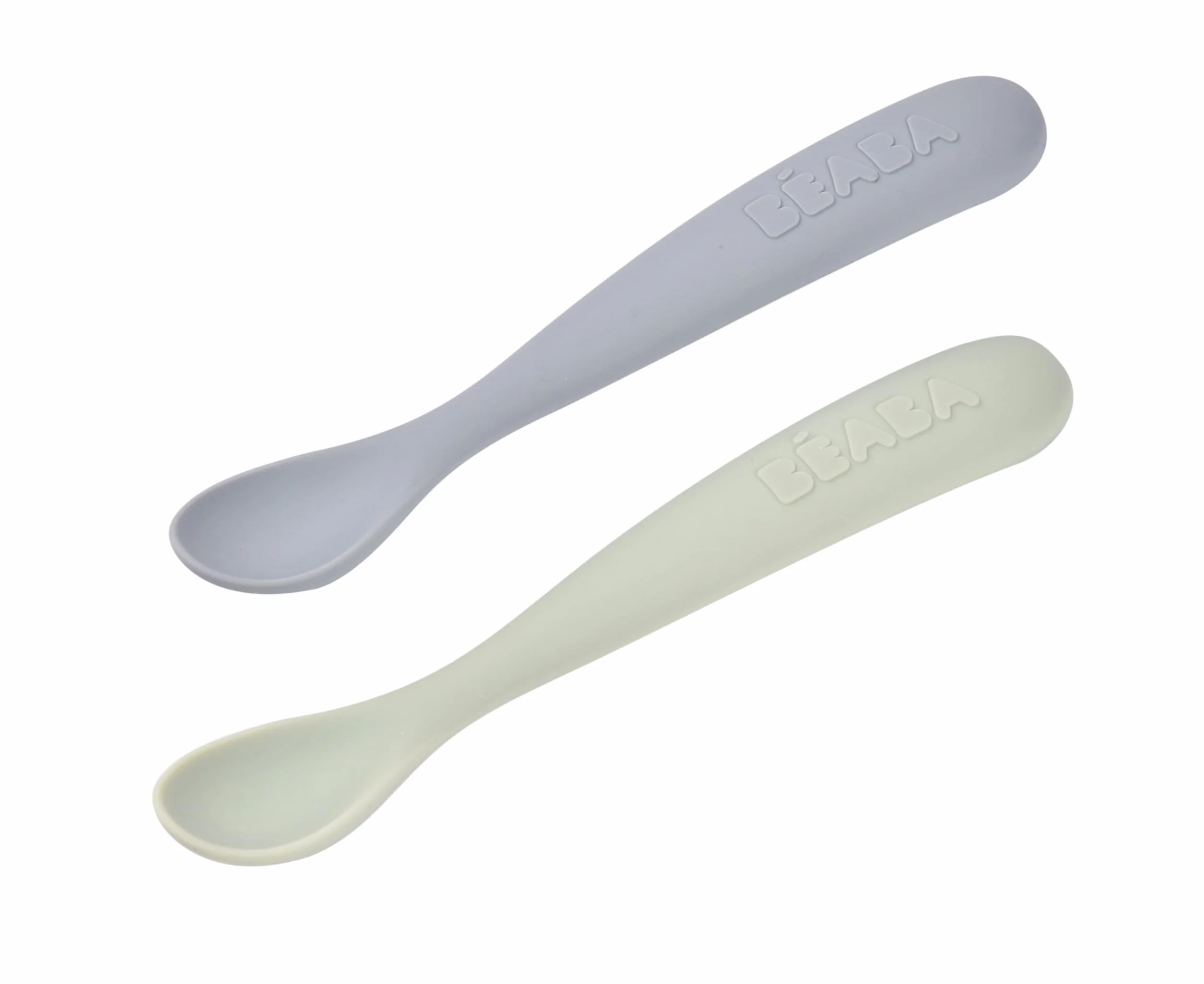 BÉABA Lot de 2 Cuillères en Silicone Bébé 1er Âge Dès 4 Mois Souple Bout Arrondi Manche Long Ergonomique